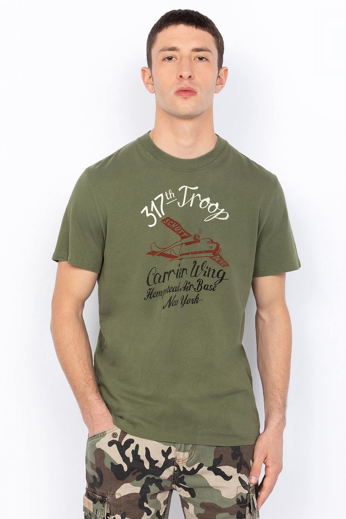 Khaki organic cotton T-shirt with military print - Image n°1