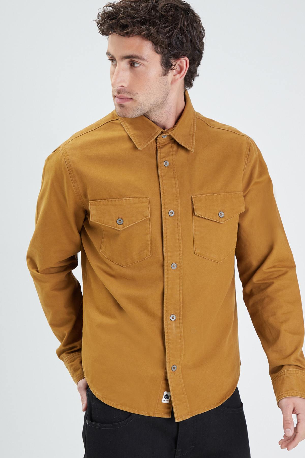 Camel cotton shirt with chest pockets - Image n°4