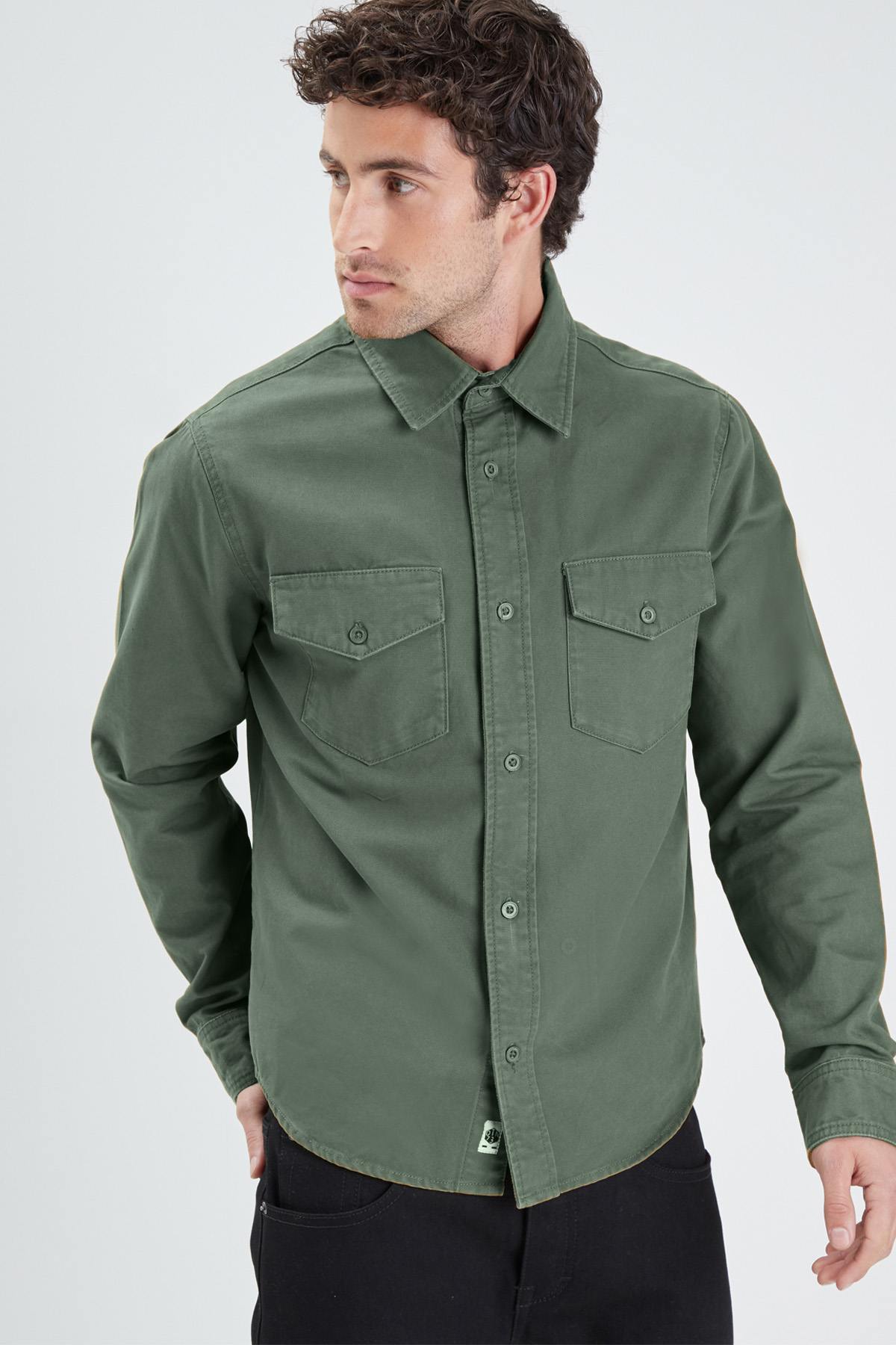 Khaki cotton shirt with chest pockets - Image n°1