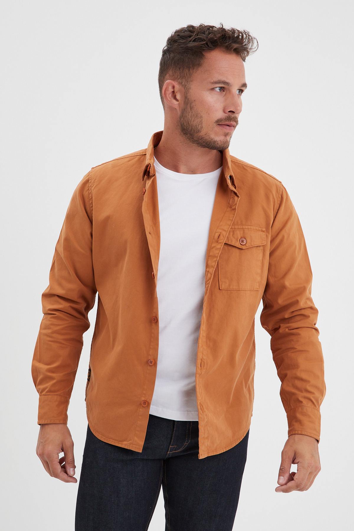 Cognac-colored cotton overshirt - Image n°1