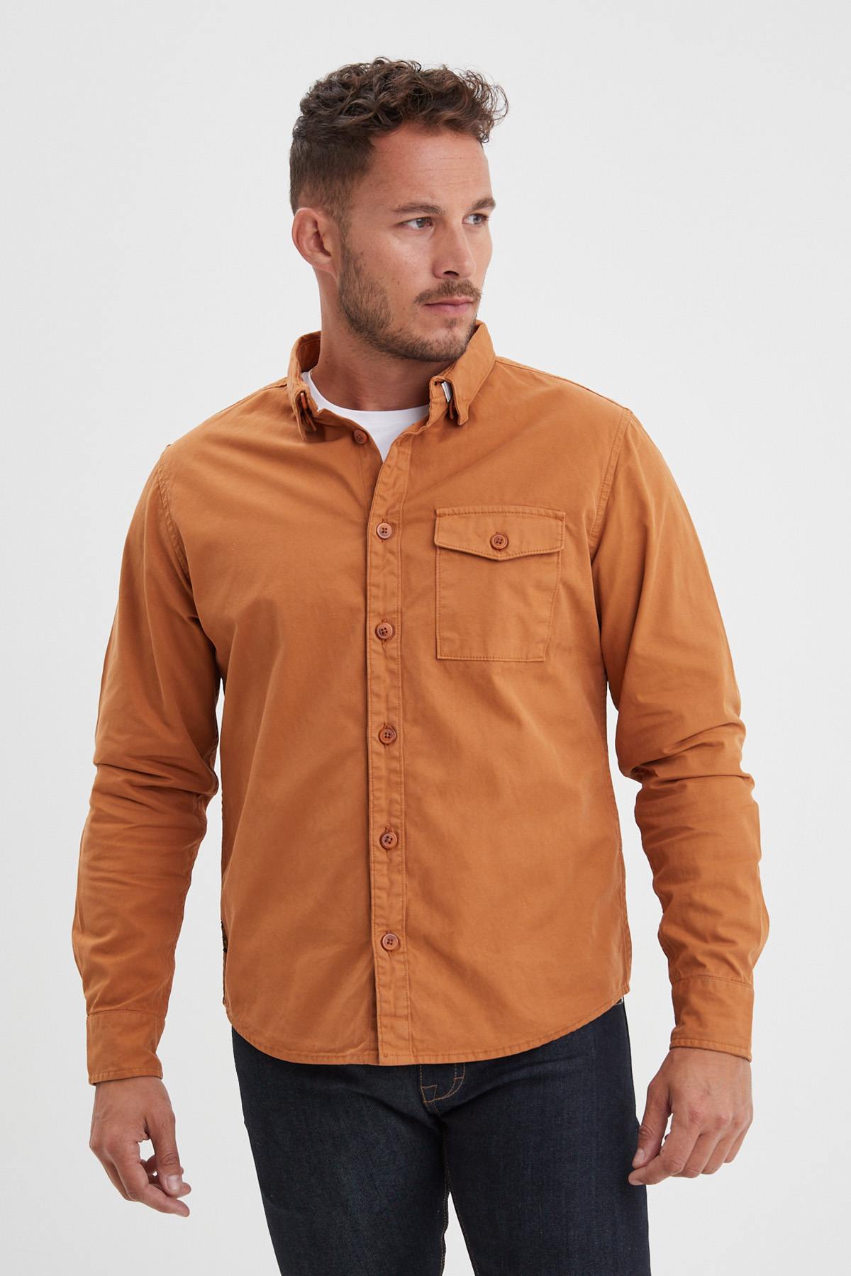 Cognac-colored cotton overshirt - Image n°4