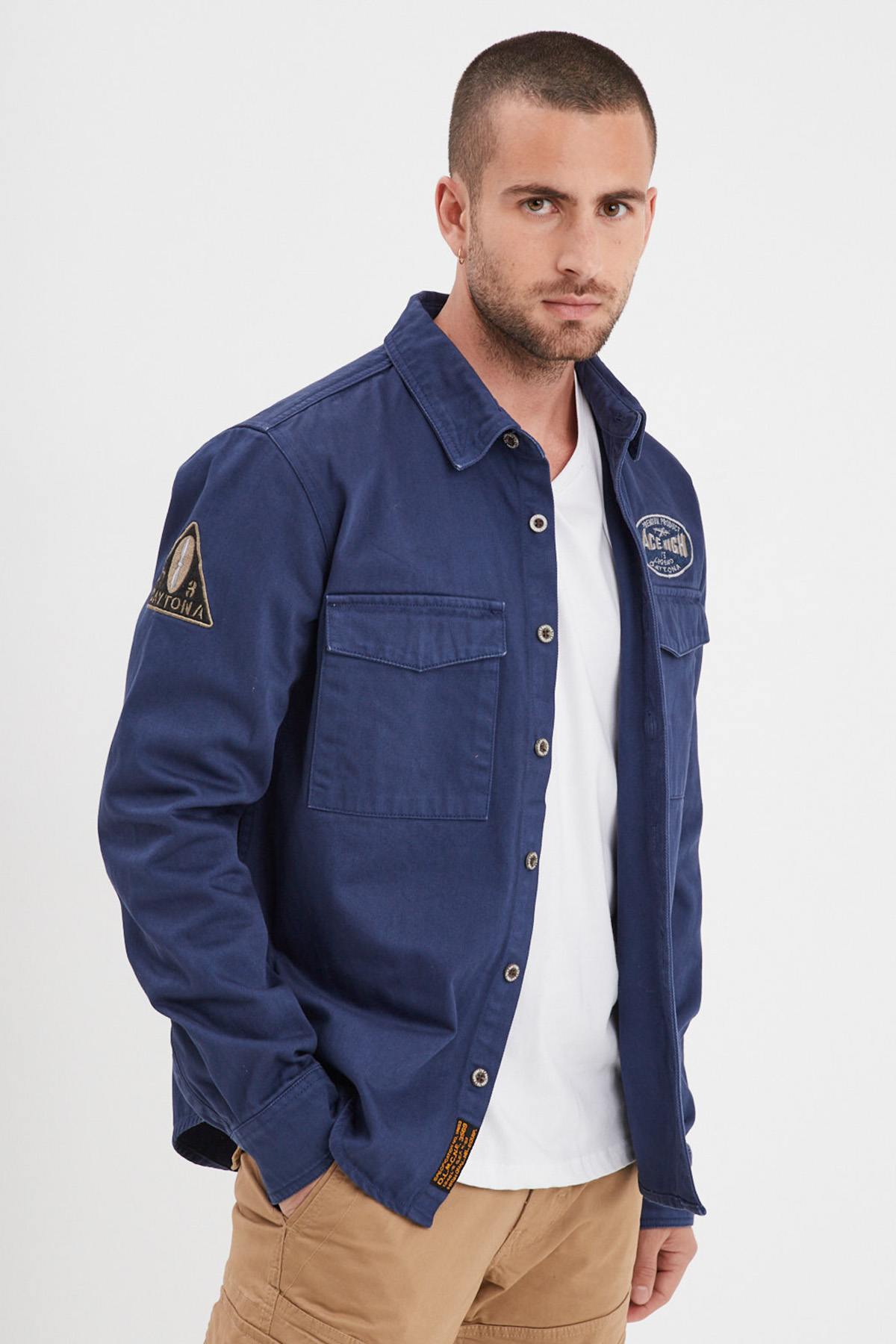 Chinese blue denim cotton overshirt with patches - Image n°4