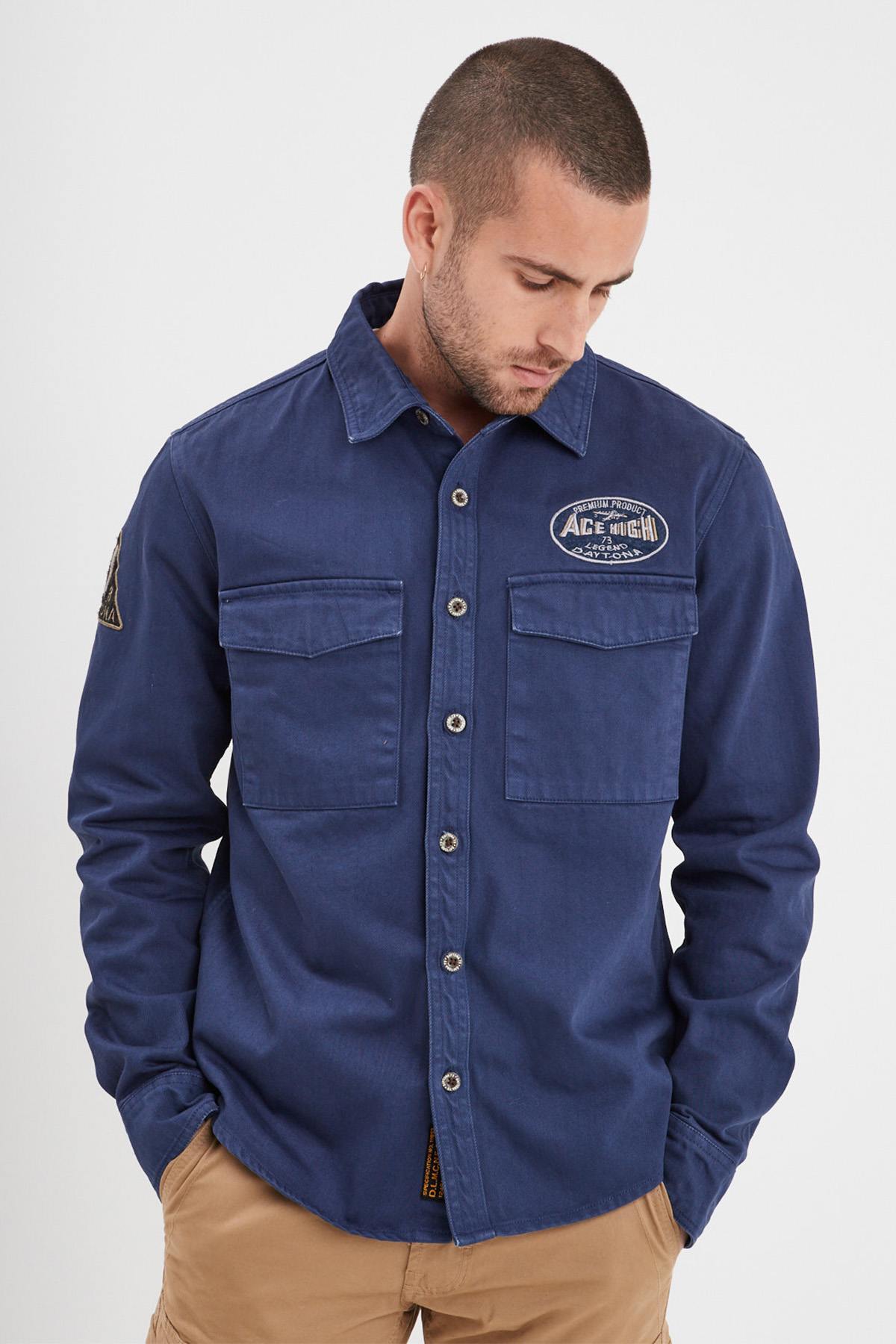 Chinese blue denim cotton overshirt with patches - Image n°1