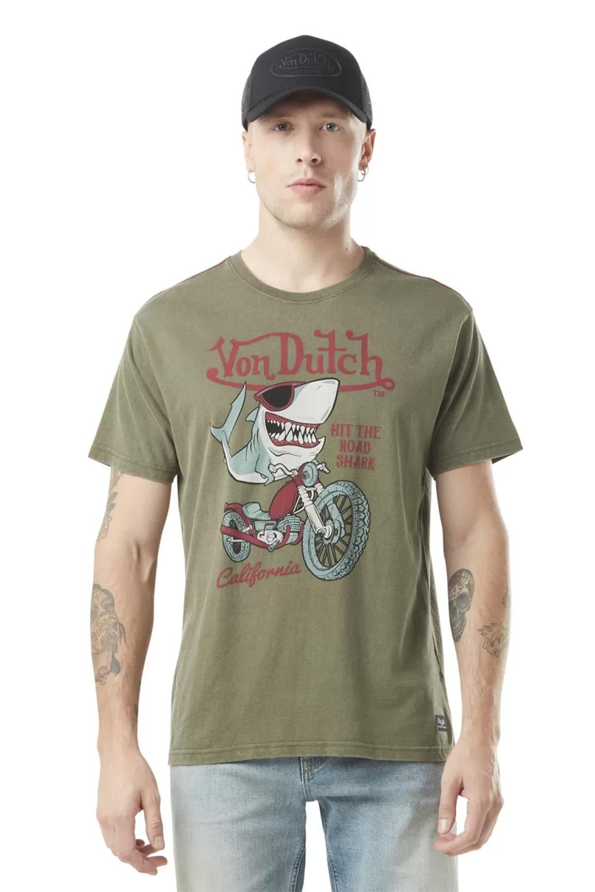 Khaki cotton T-shirt with shark print - Image n°1