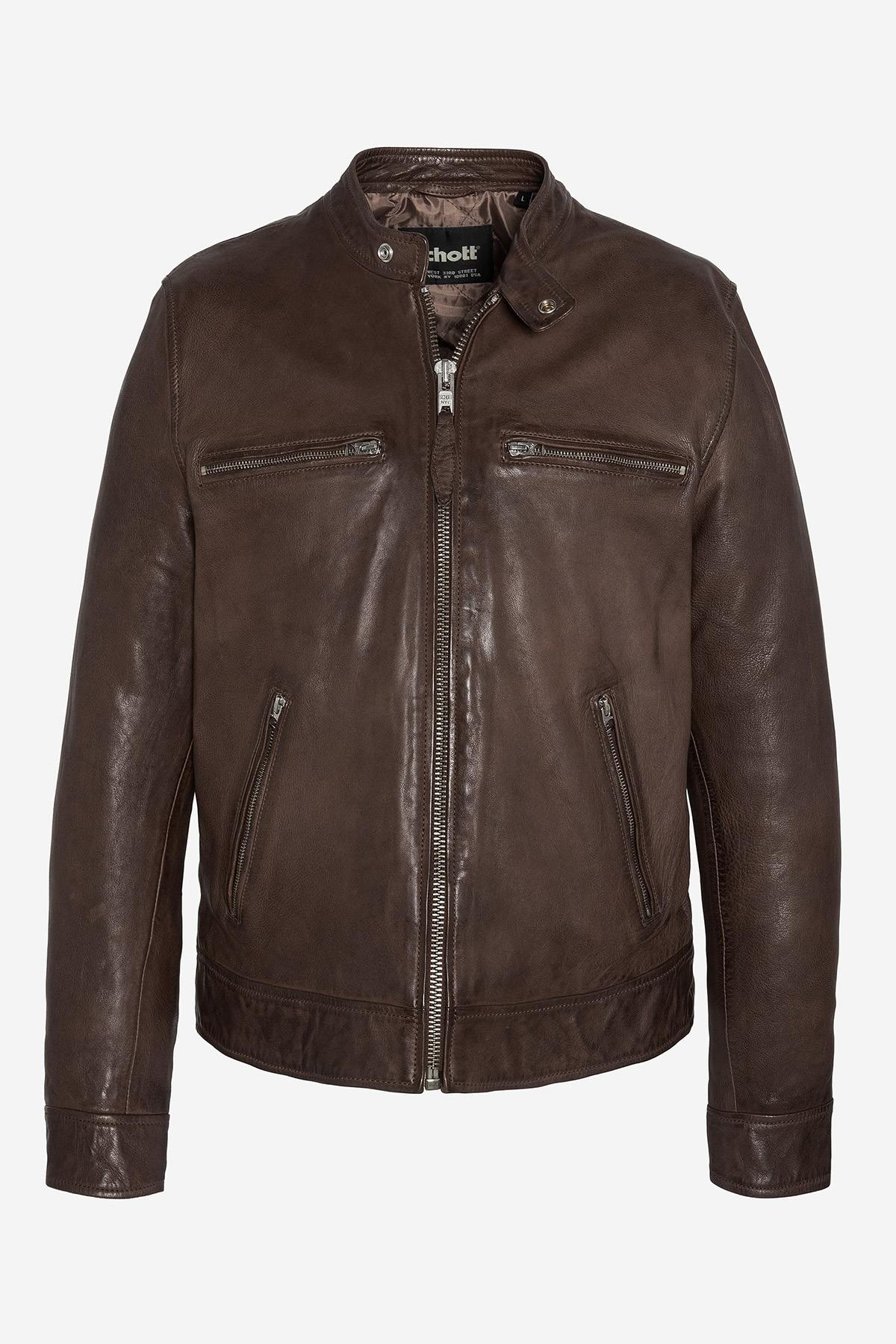 Brown washed leather jacket with biker collar - Image n°2