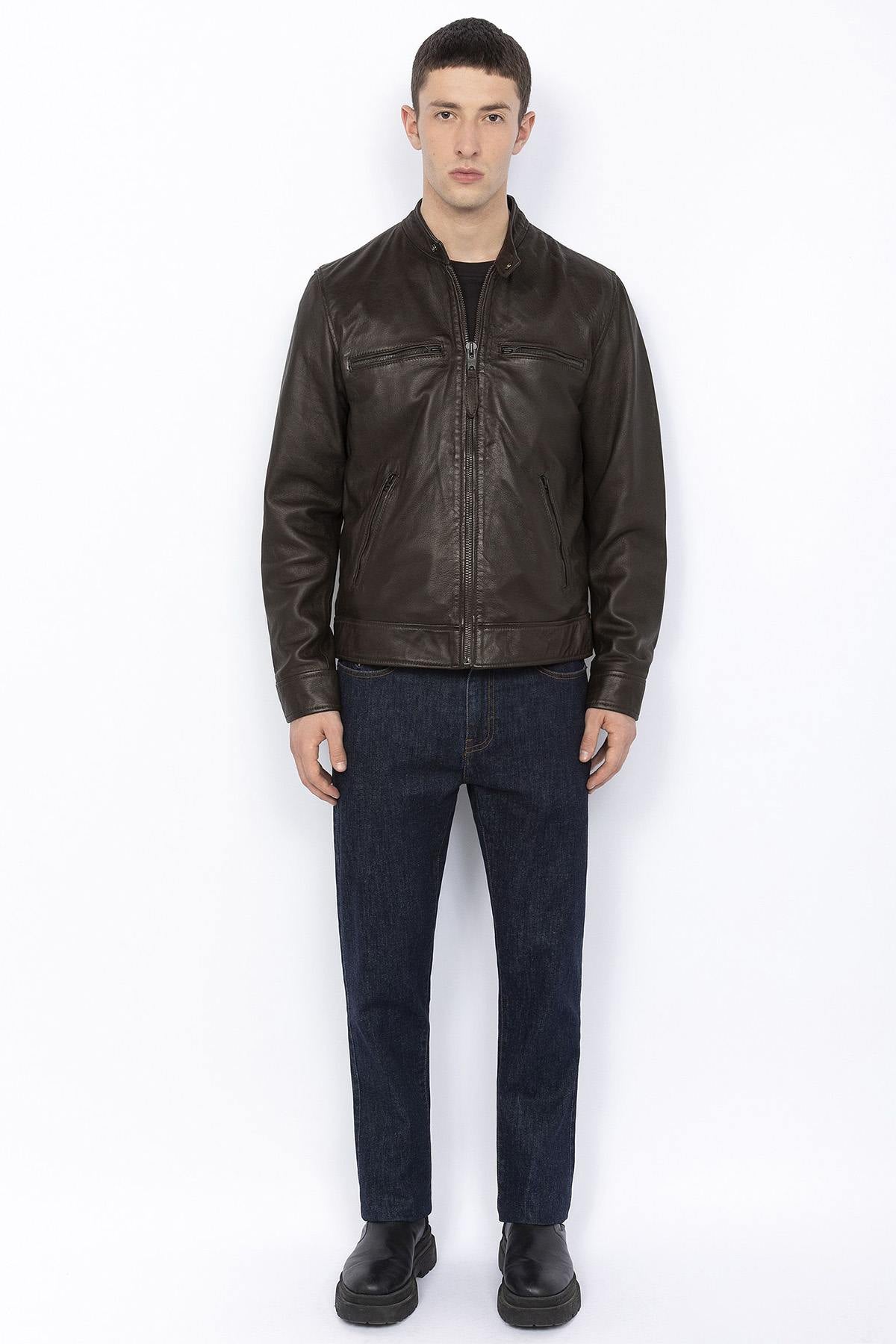 Brown washed leather jacket with biker collar - Image n°3