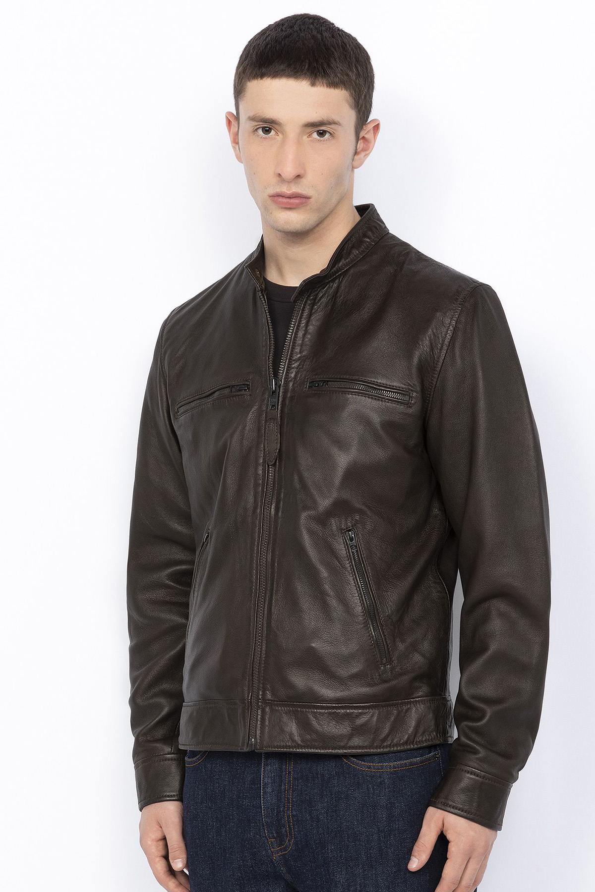 Brown washed leather jacket with biker collar - Image n°4