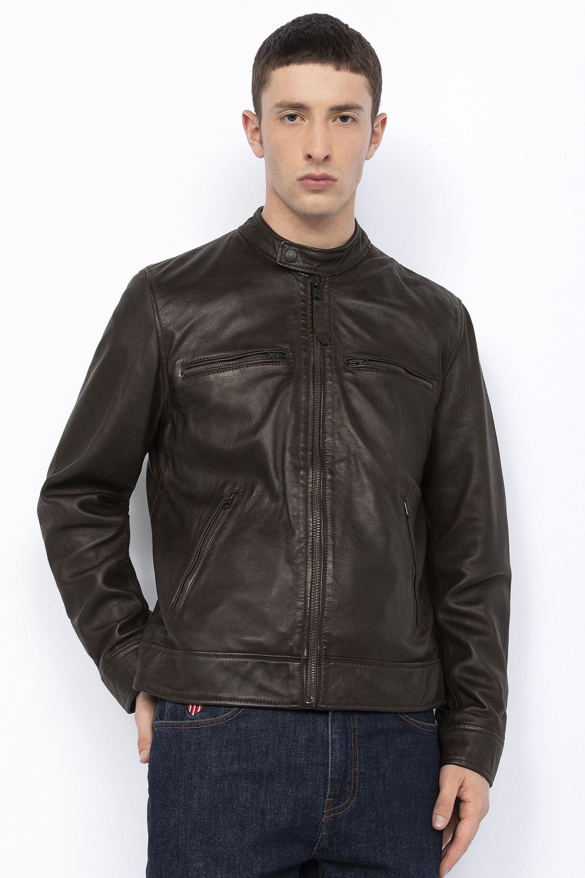 Brown washed leather jacket with biker collar - Image n°1