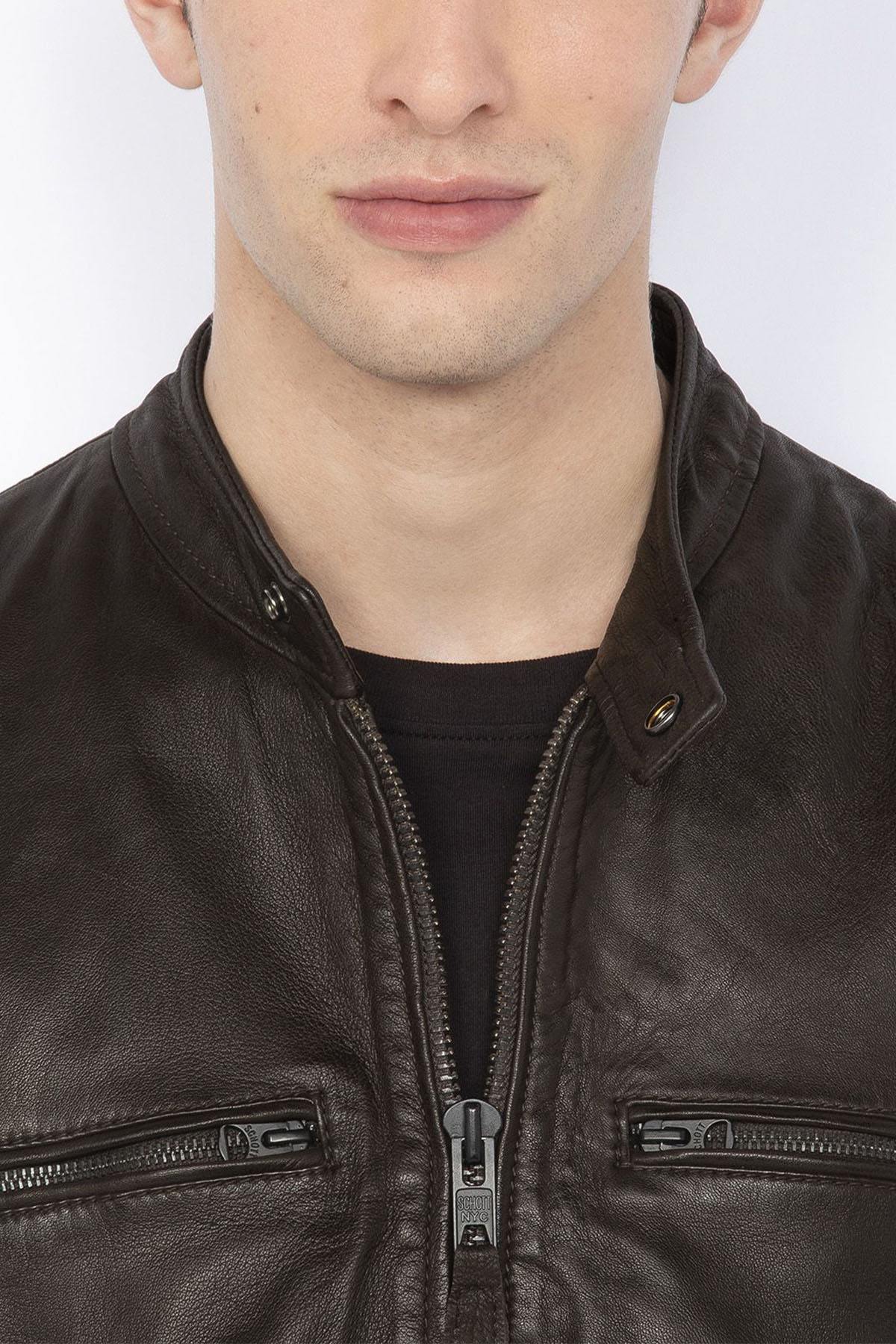 Brown washed leather jacket with biker collar - Image n°6