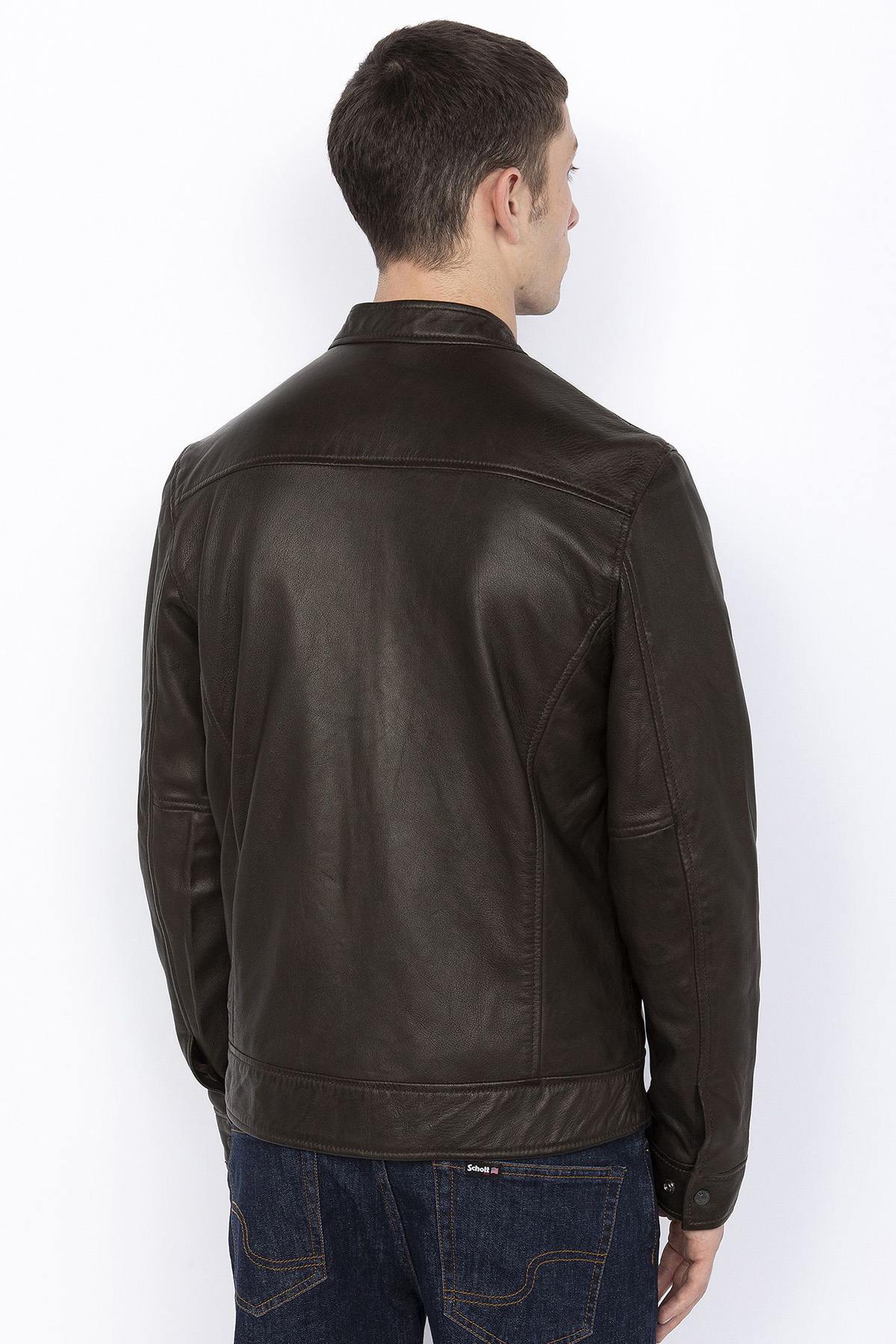 Brown washed leather jacket with biker collar - Image n°5