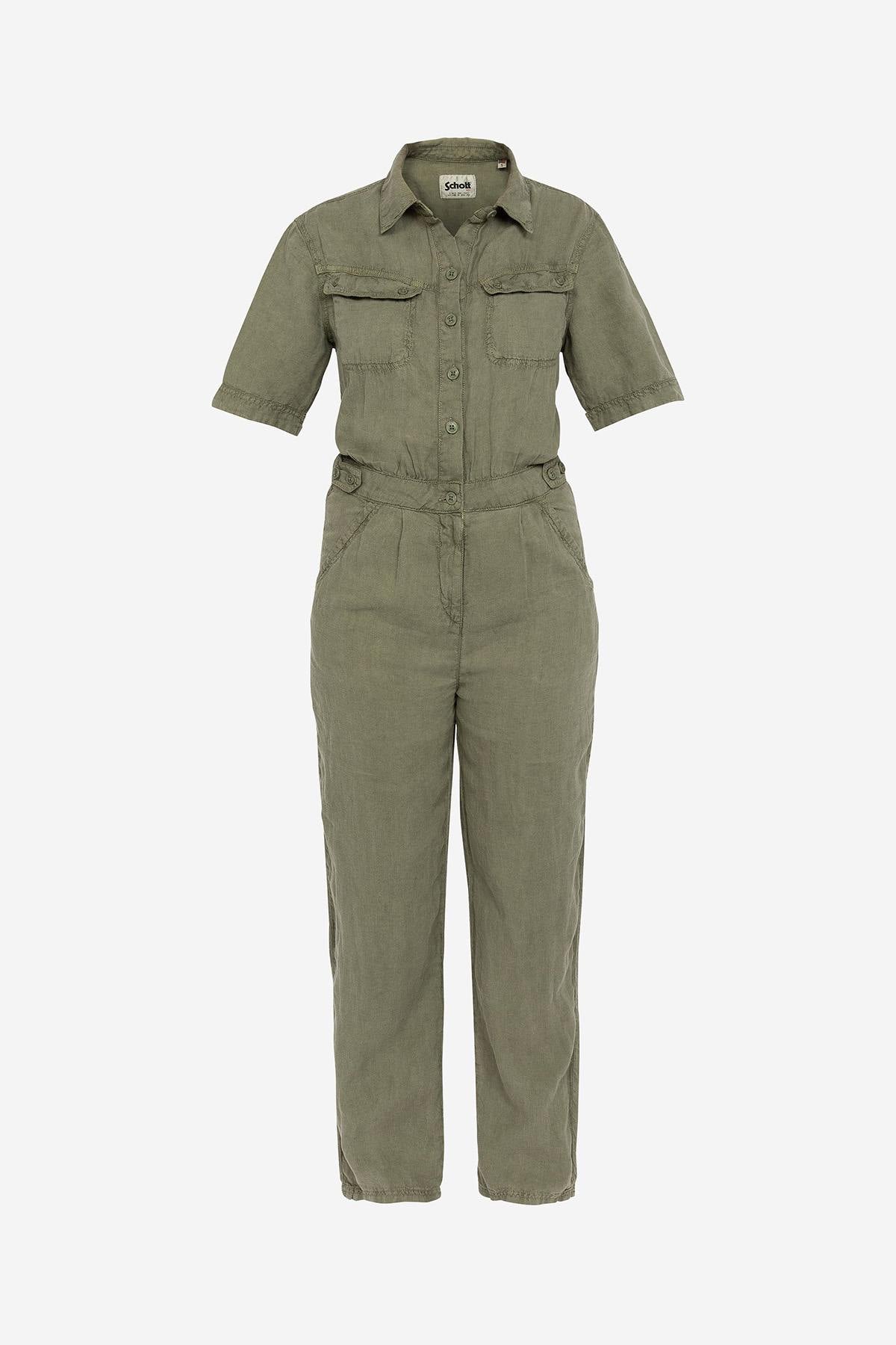 Light khaki linen jumpsuit for women - Image n°1