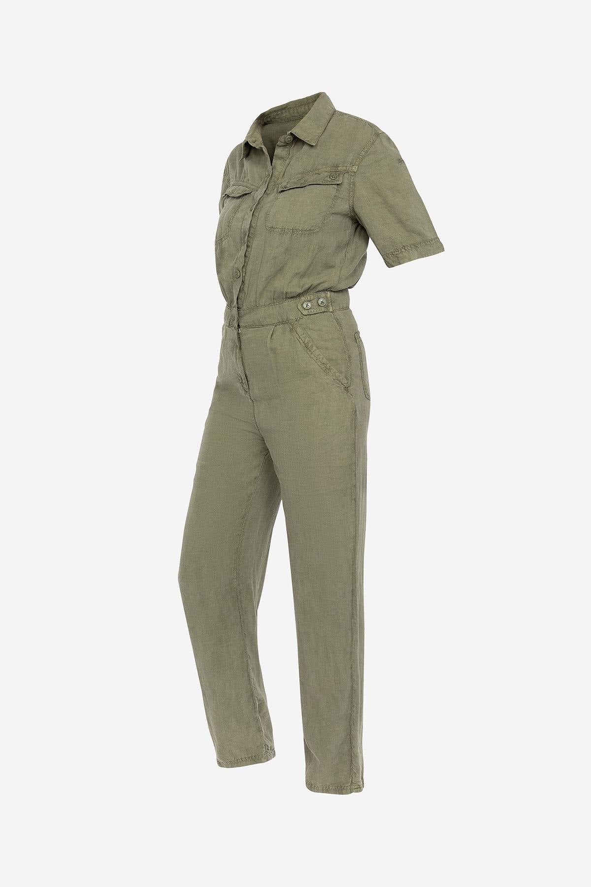 Light khaki linen jumpsuit for women - Image n°3