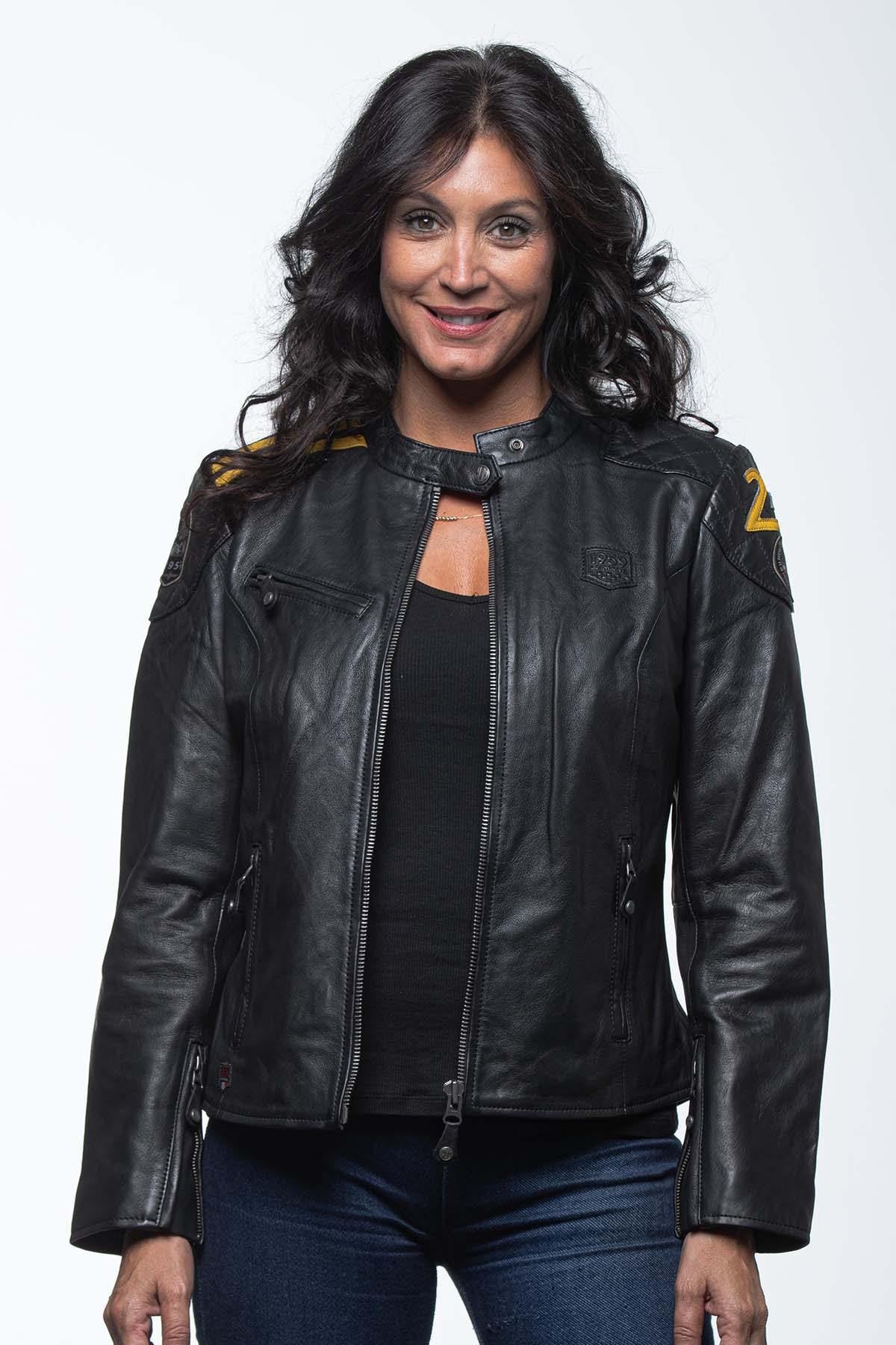 Black and yellow racing leather jacket for women - Image n°1