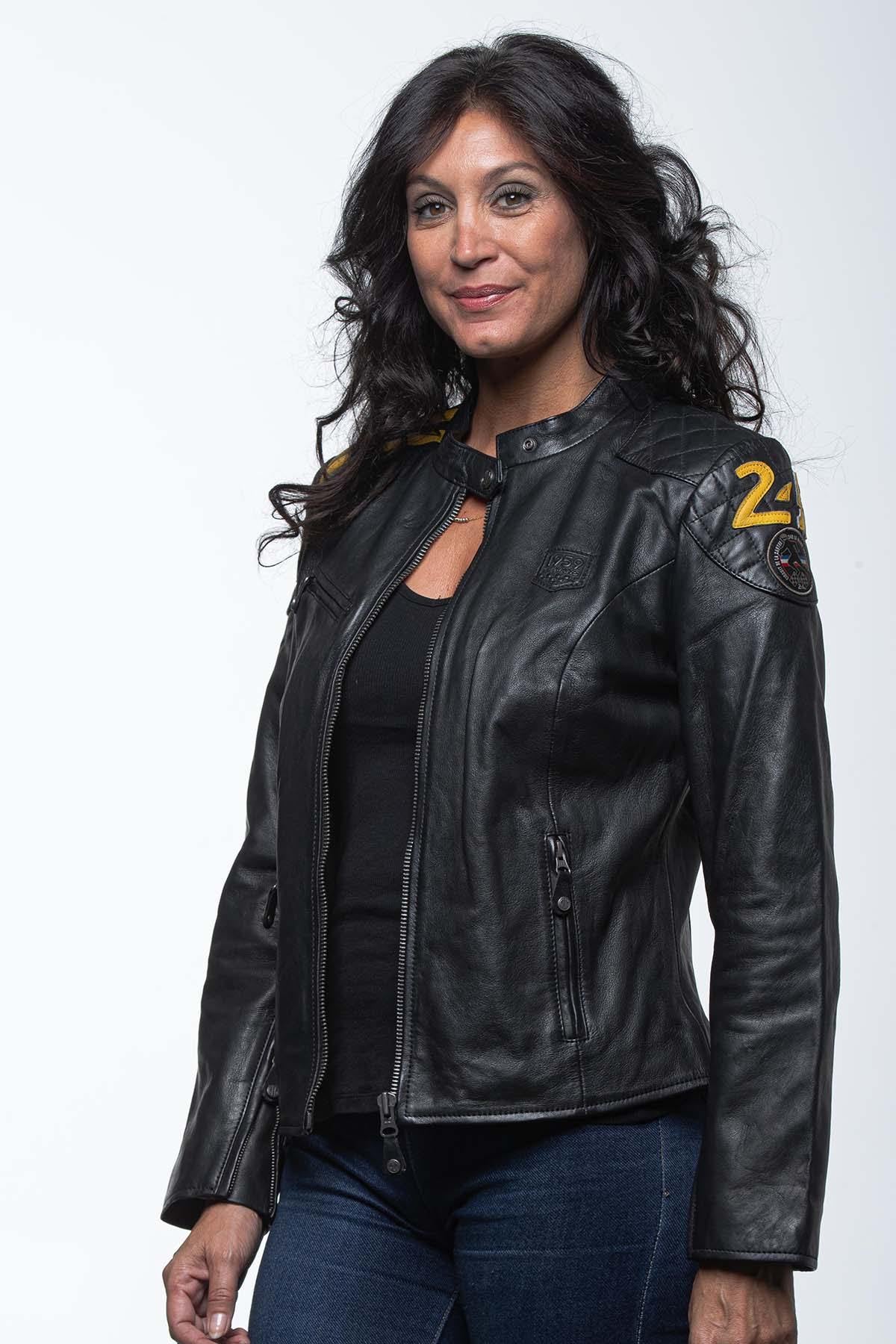 Black and yellow racing leather jacket for women - Image n°5