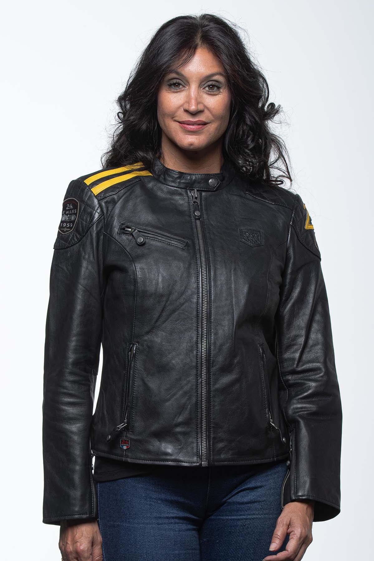 Black and yellow racing leather jacket for women - Image n°4