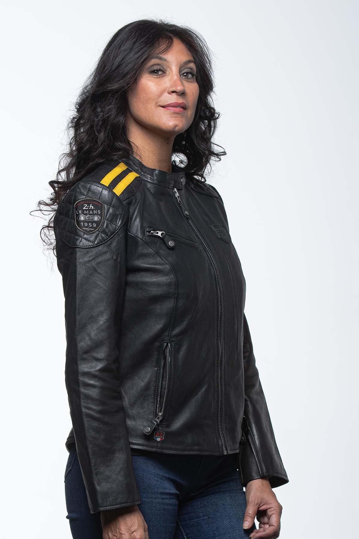 Black and yellow racing leather jacket for women - Image n°2