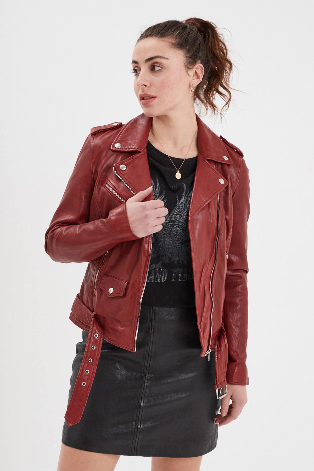 Biker style leather jacket in chili red color - Image n°1