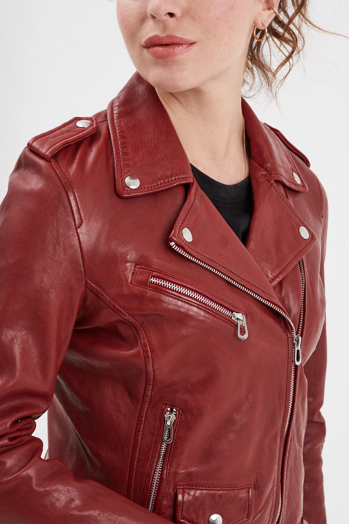 Biker style leather jacket in chili red color - Image n°10