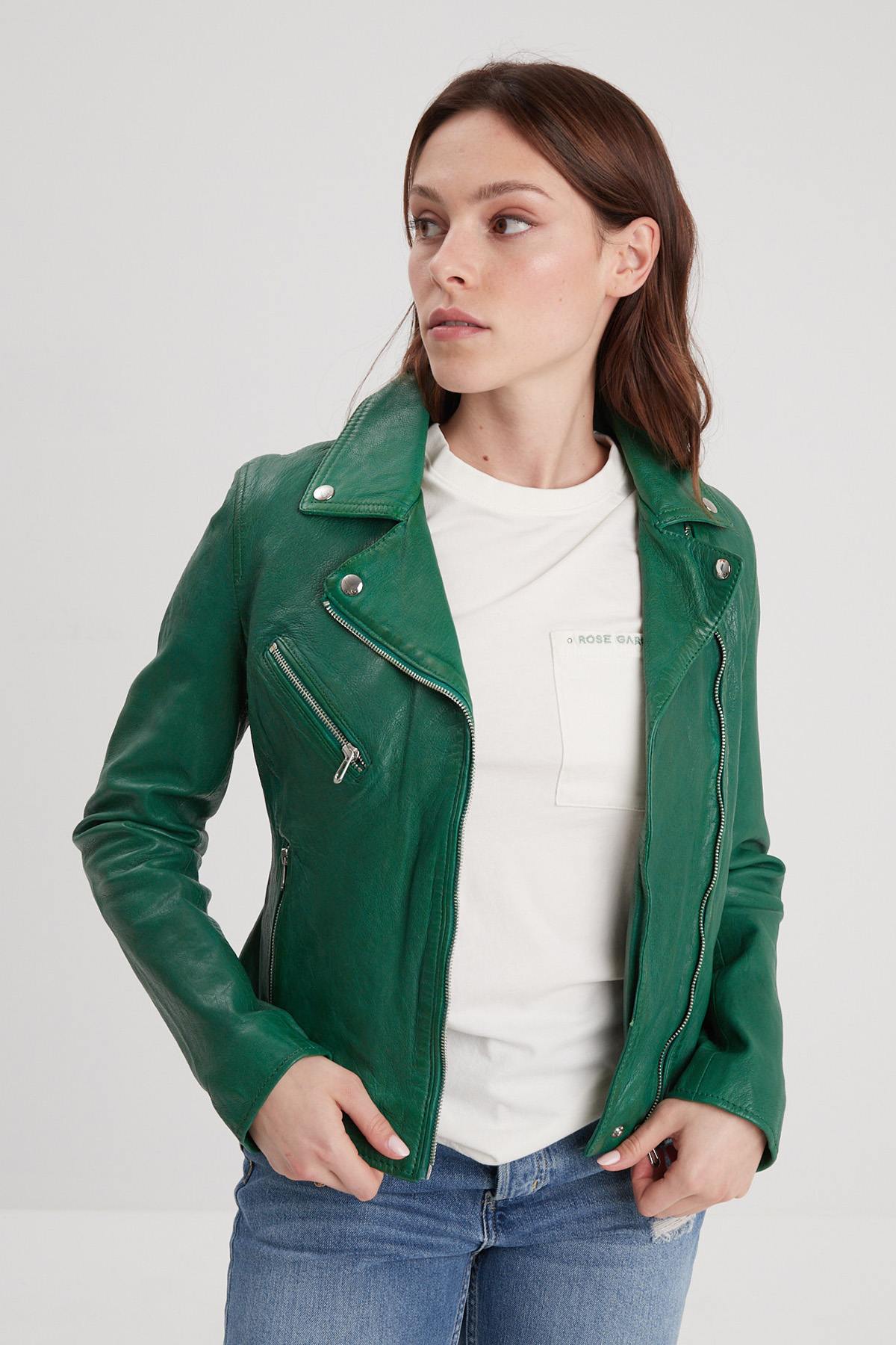 Biker leather jacket in holly green color - Image n°6