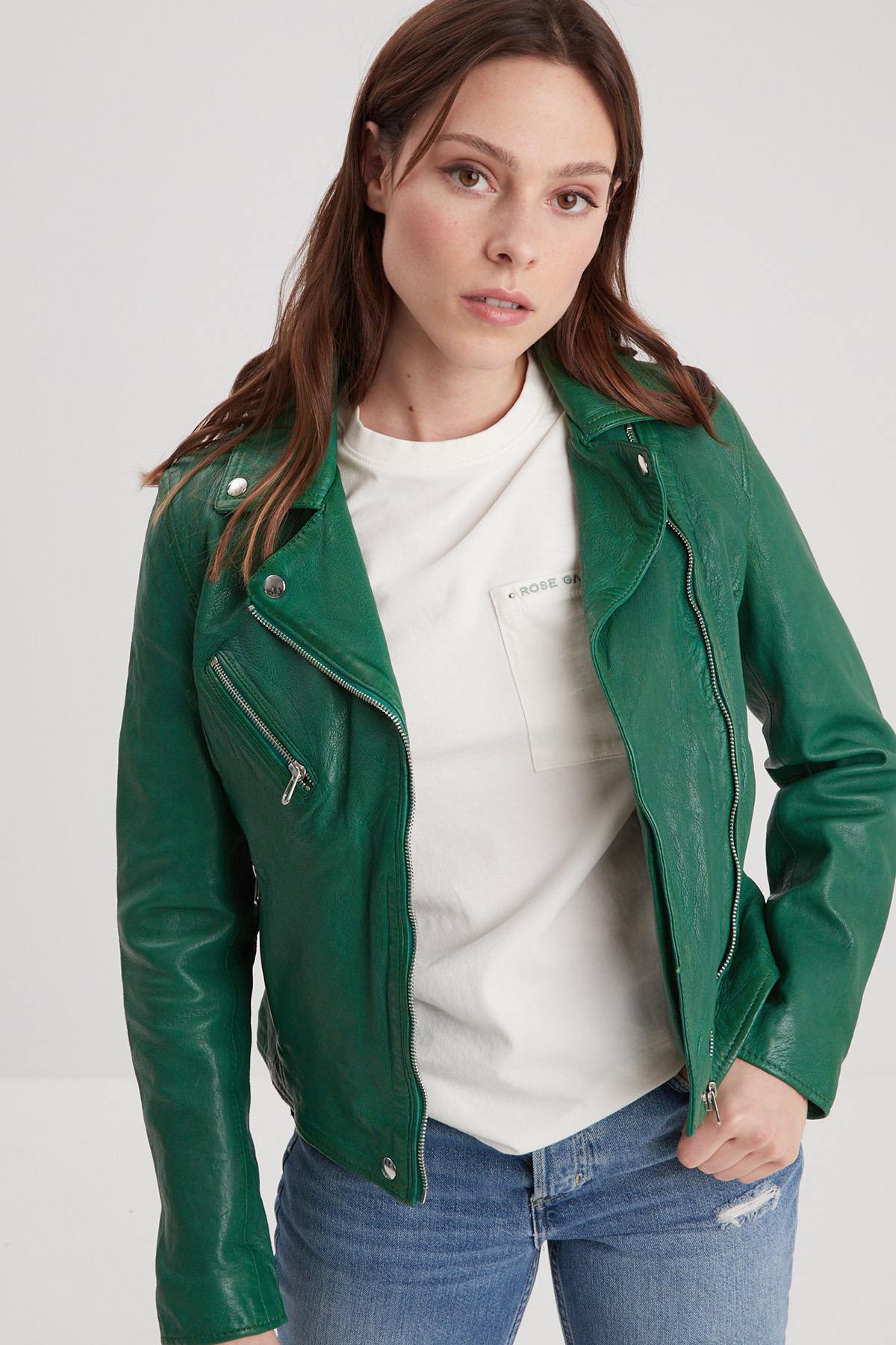 Biker leather jacket in holly green color - Image n°1