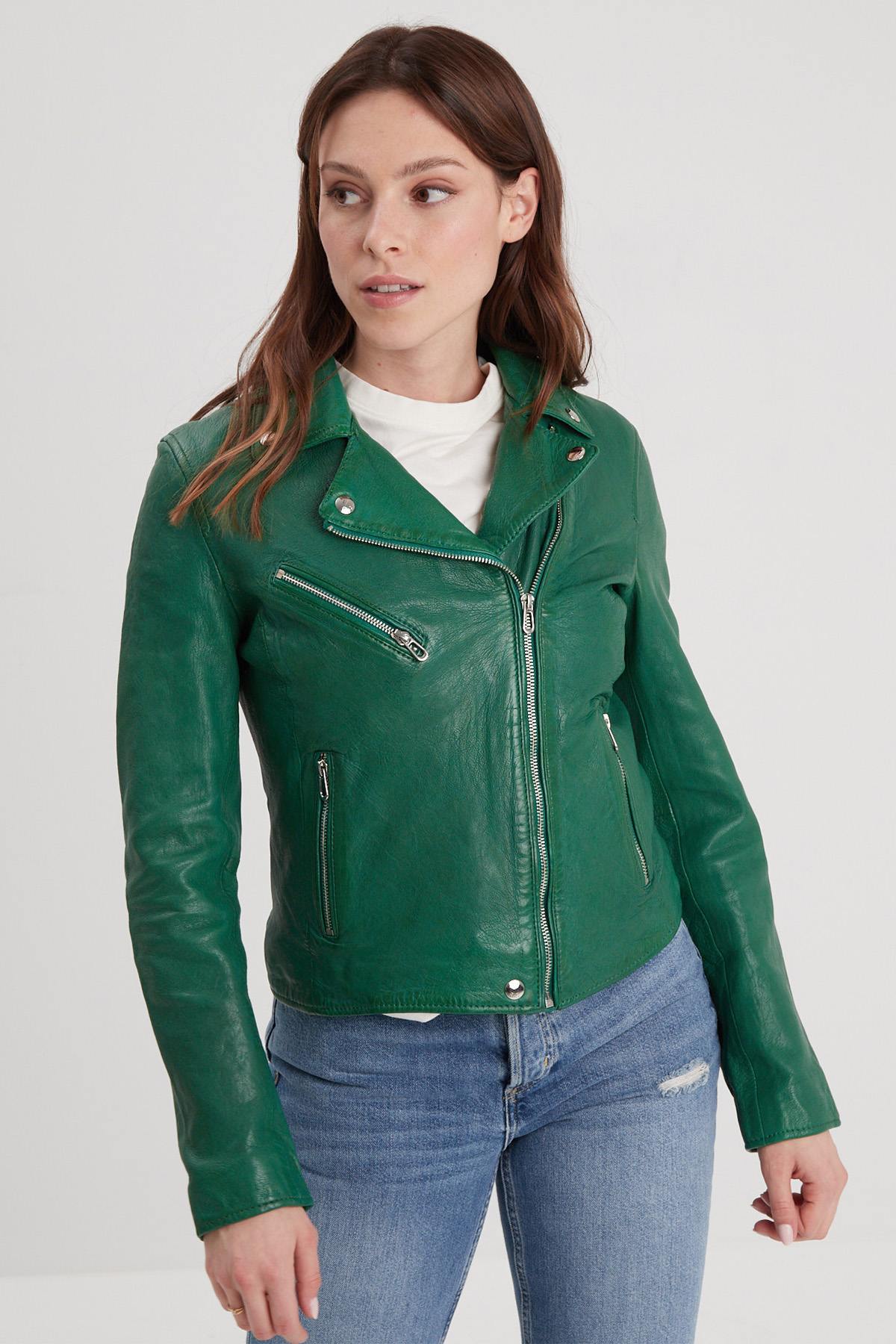 Biker leather jacket in holly green color - Image n°2