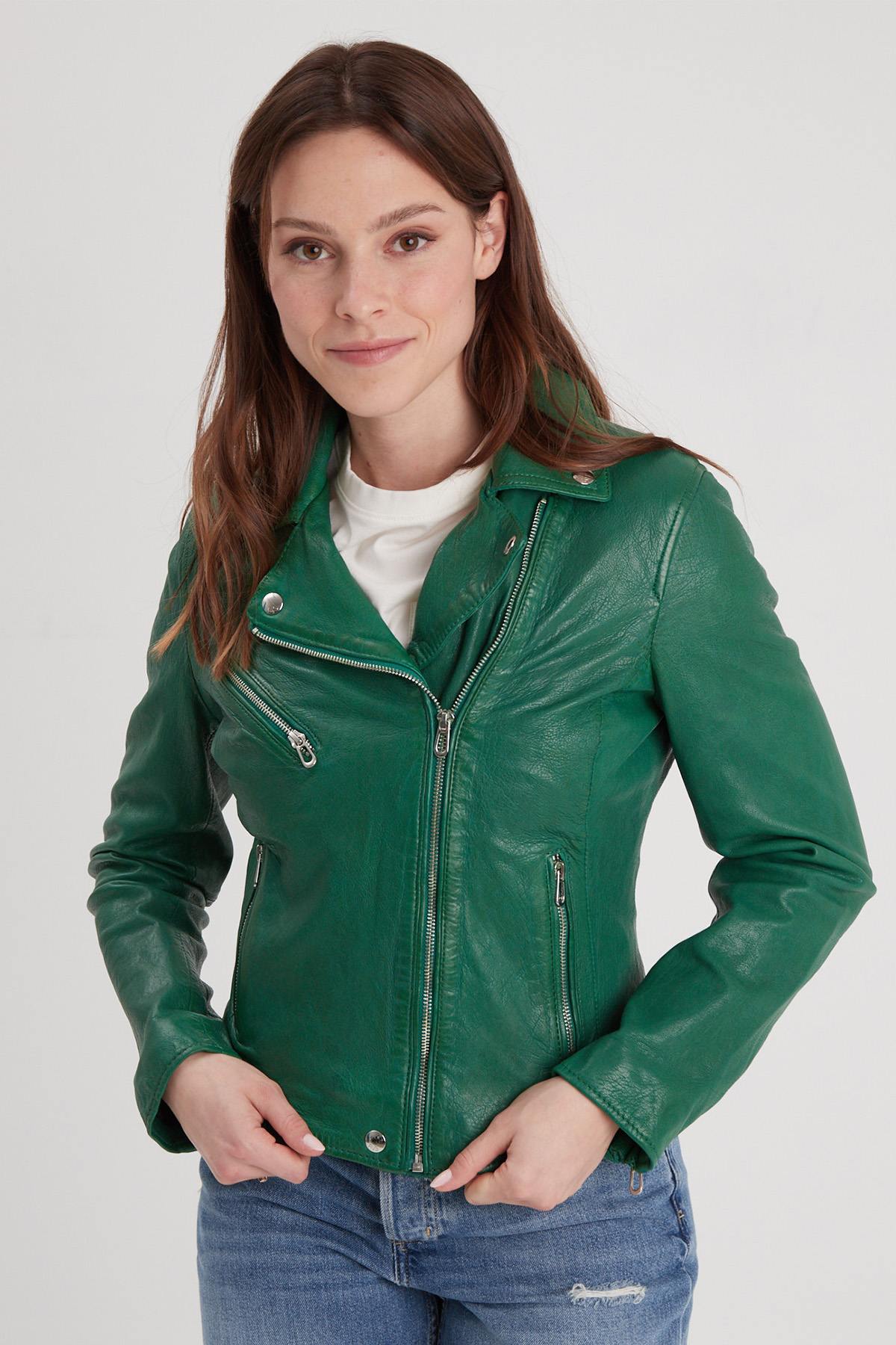 Biker leather jacket in holly green color - Image n°7