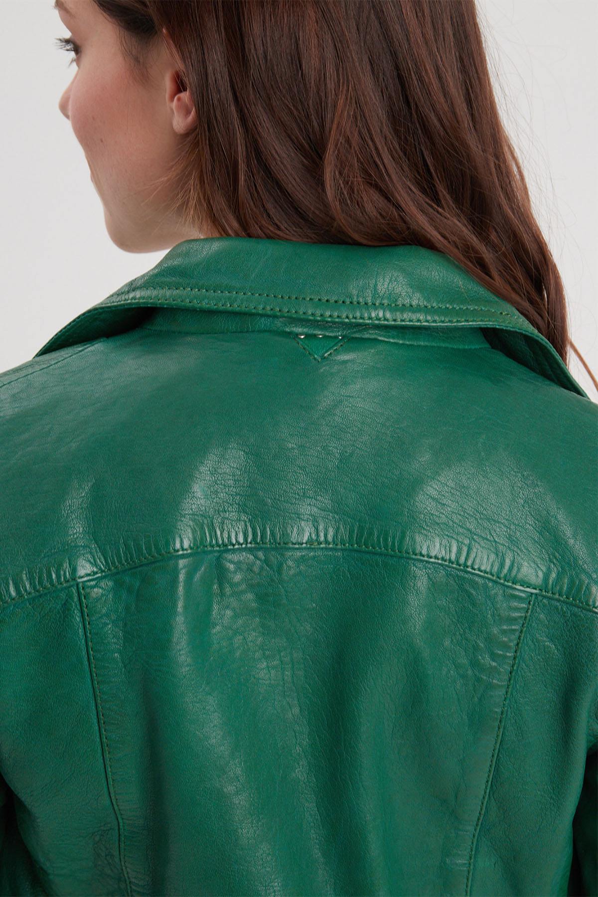 Biker leather jacket in holly green color - Image n°8