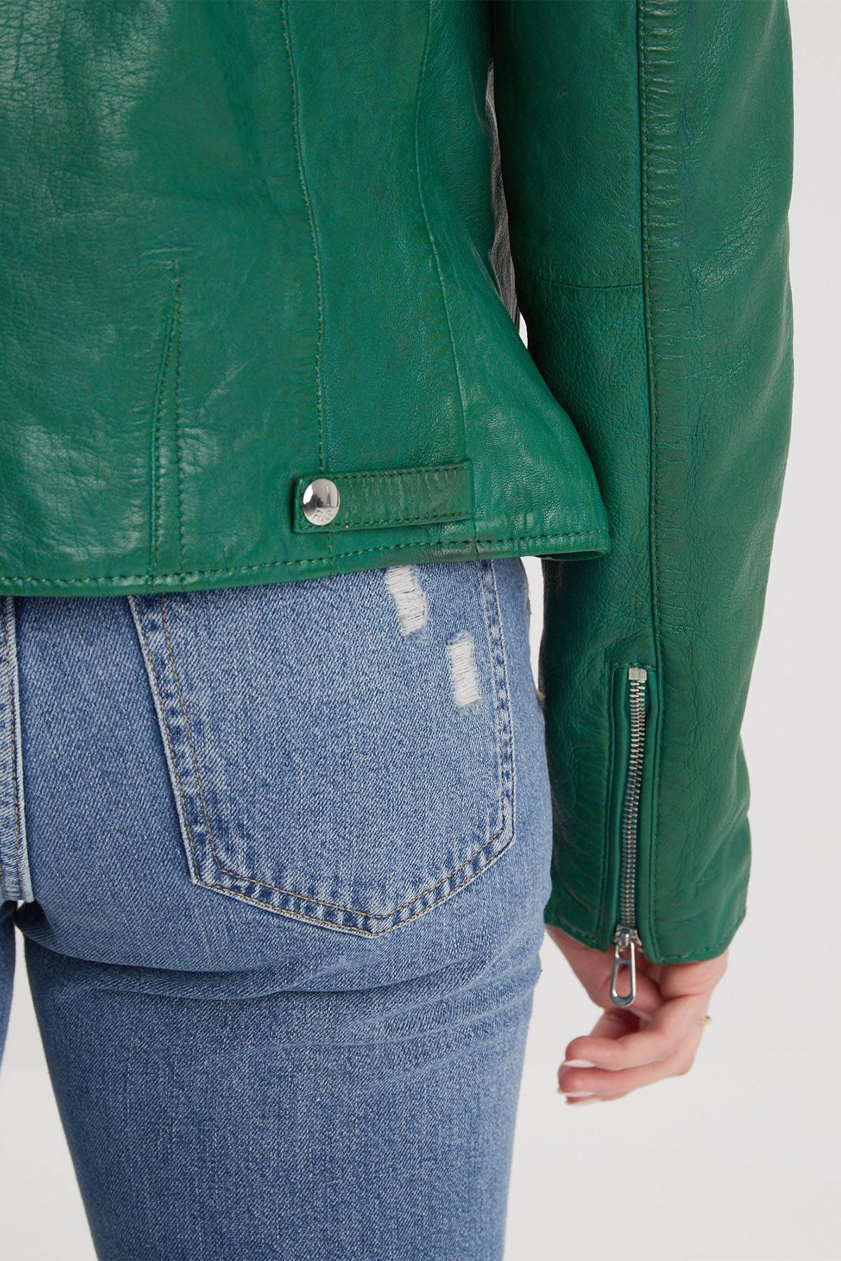 Biker leather jacket in holly green color - Image n°4