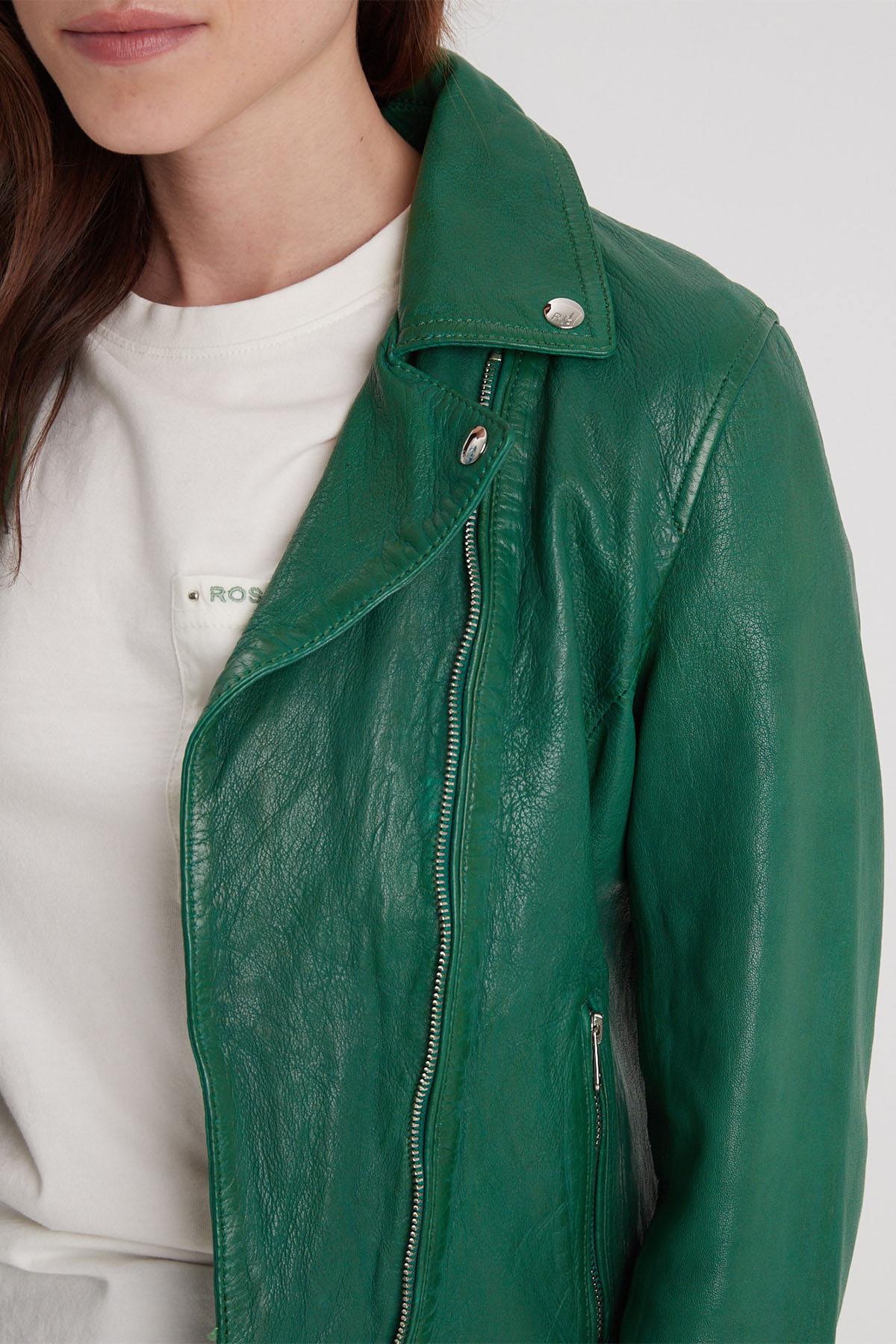 Biker leather jacket in holly green color - Image n°5