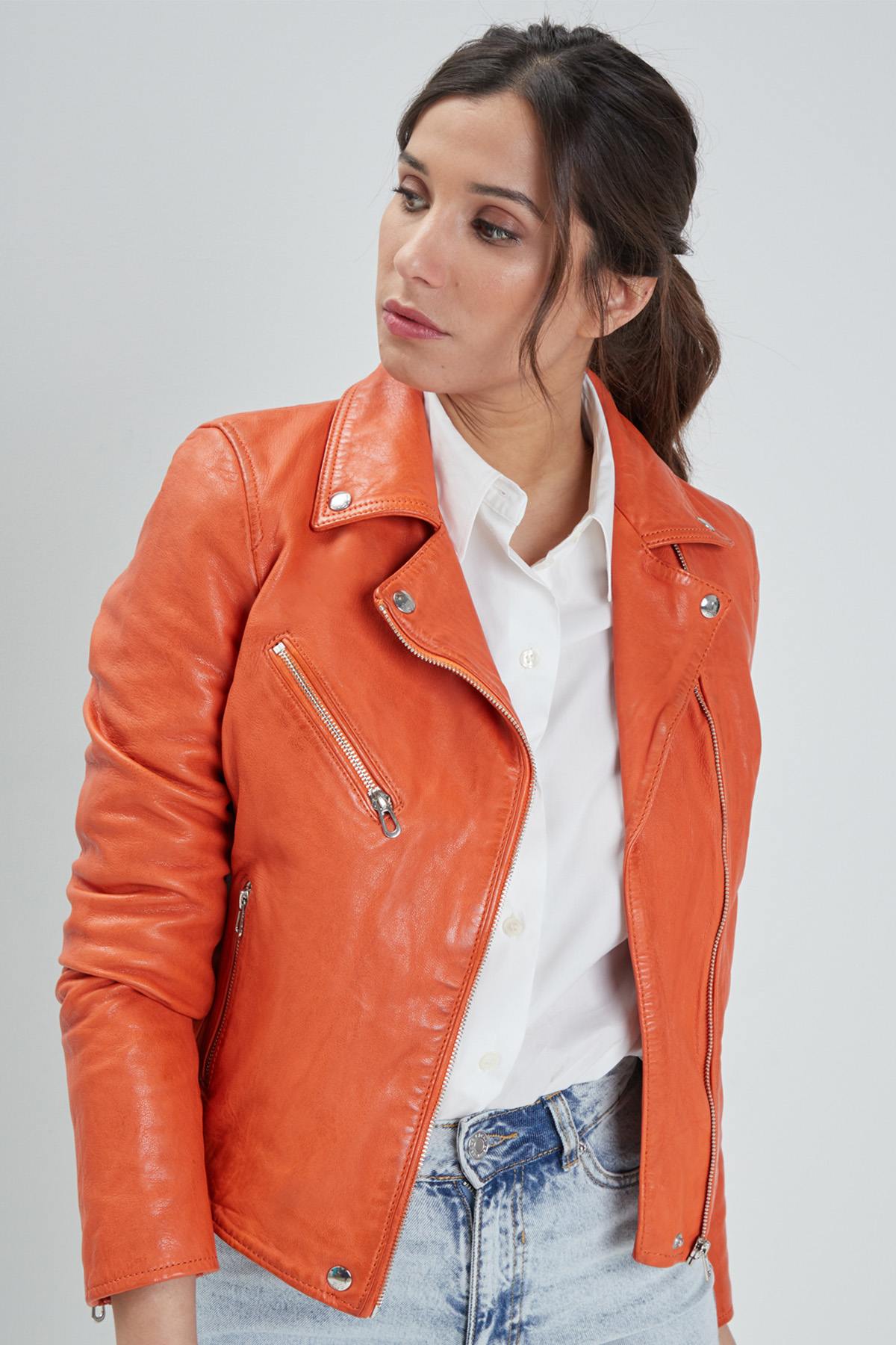 Orange Biker leather jacket for women - Image n°3