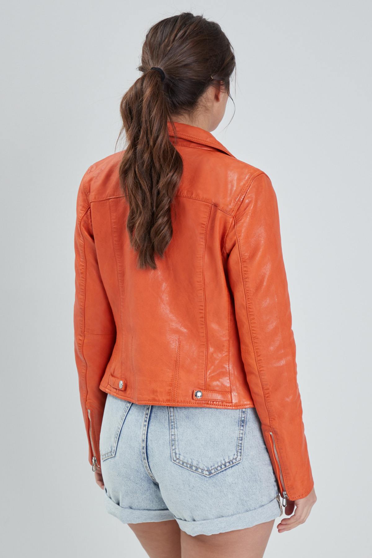 Orange Biker leather jacket for women - Image n°2