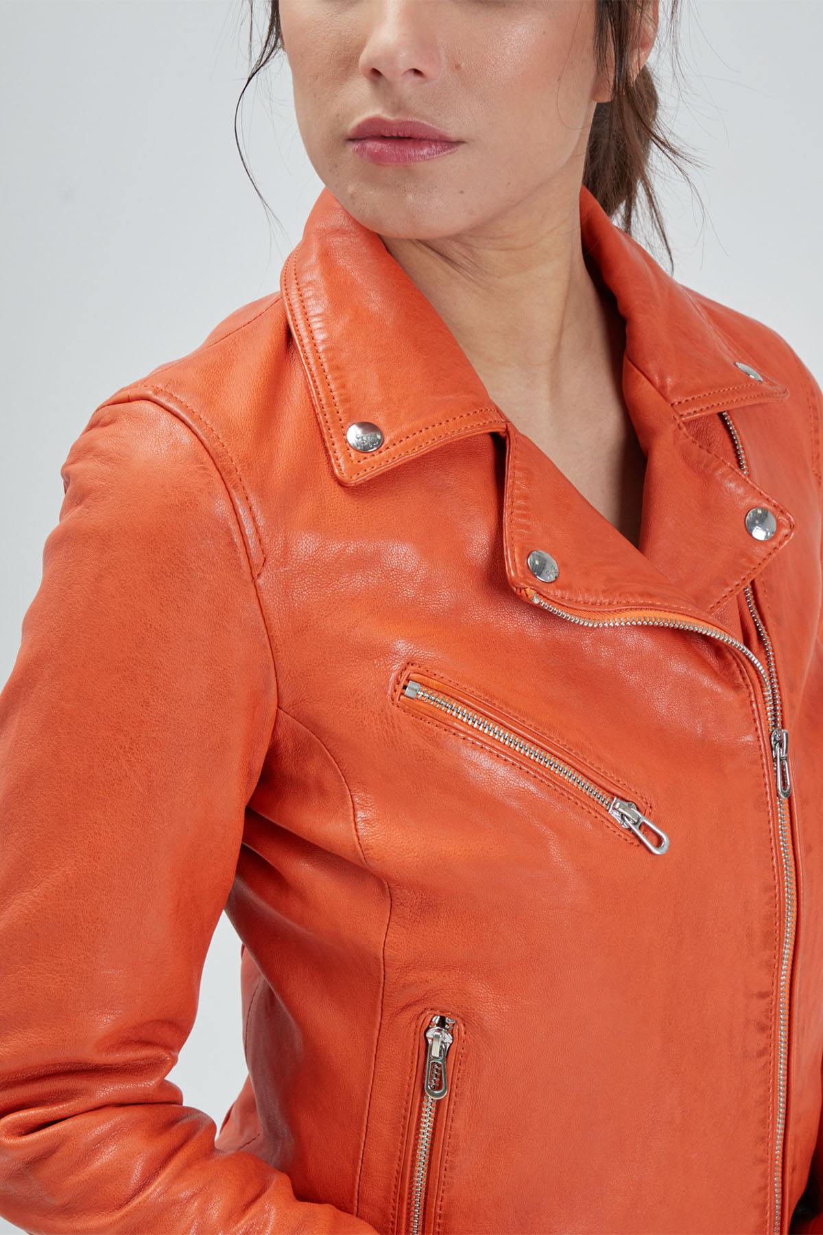 Orange Biker leather jacket for women - Image n°4