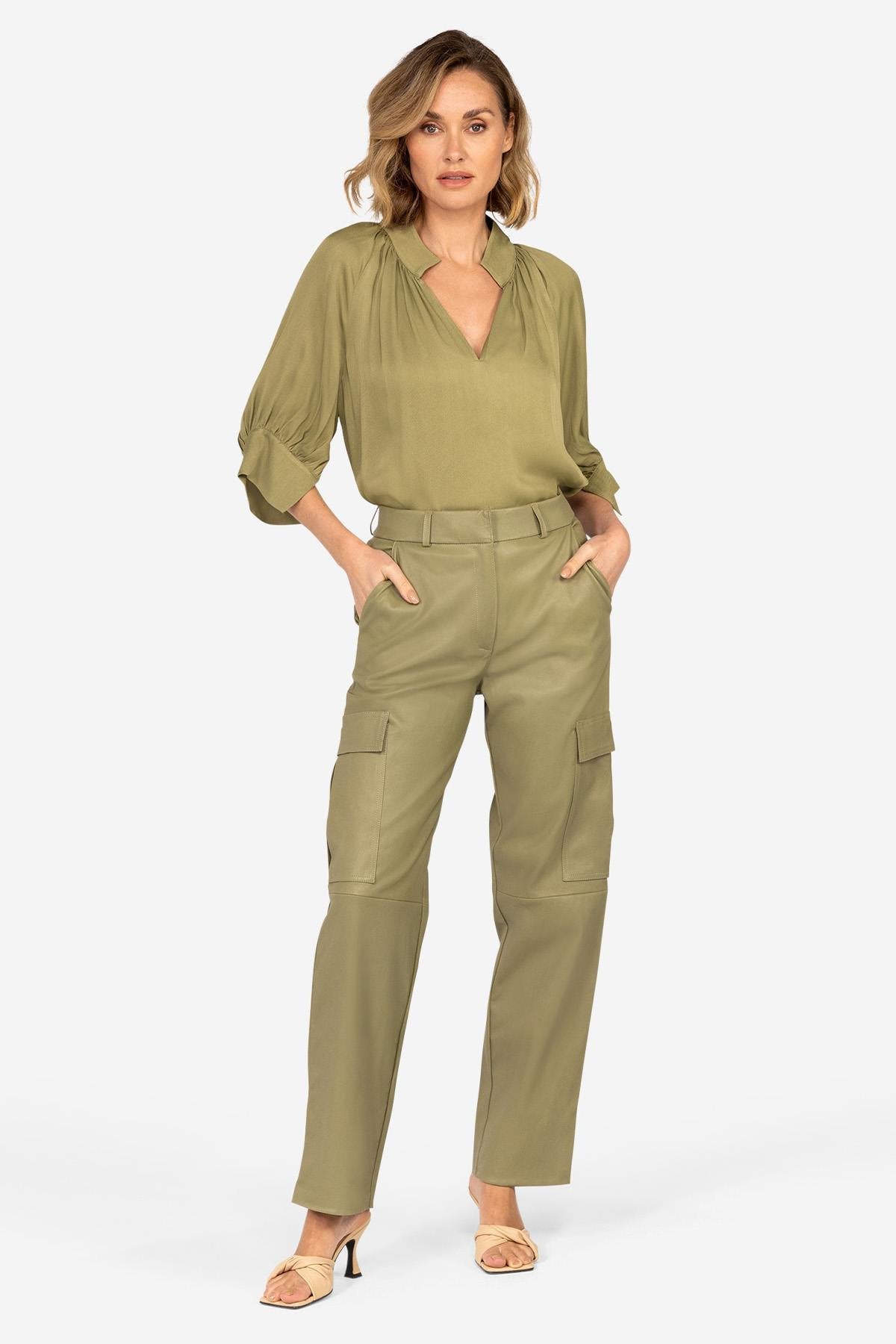 Moss green cargo-inspired leather pants - Image n°3