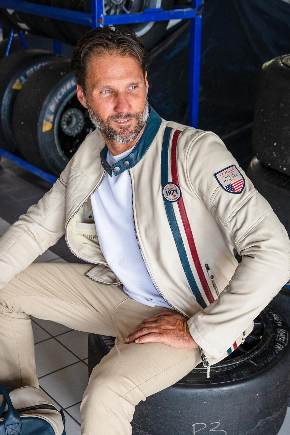 Ecru racing leather jacket - Image n°1