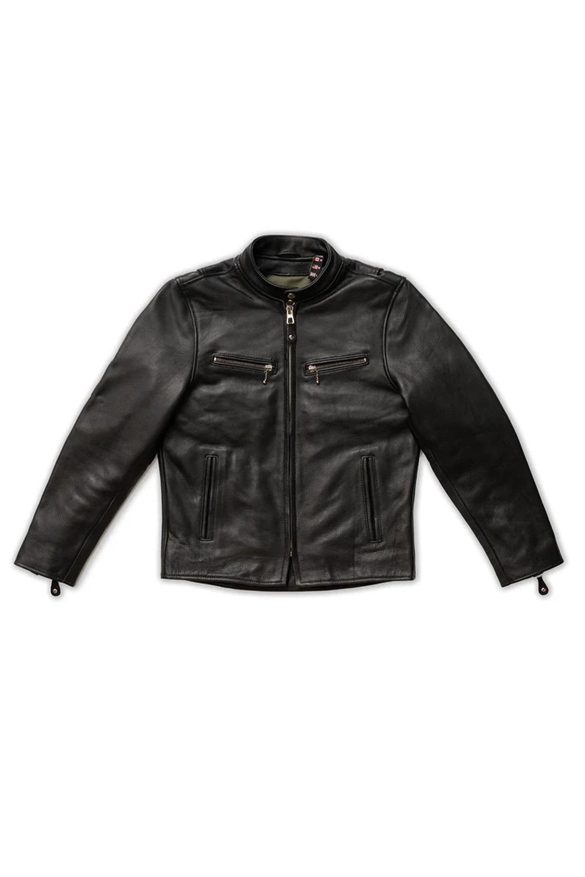 Thick black leather jacket with biker collar - Image n°10