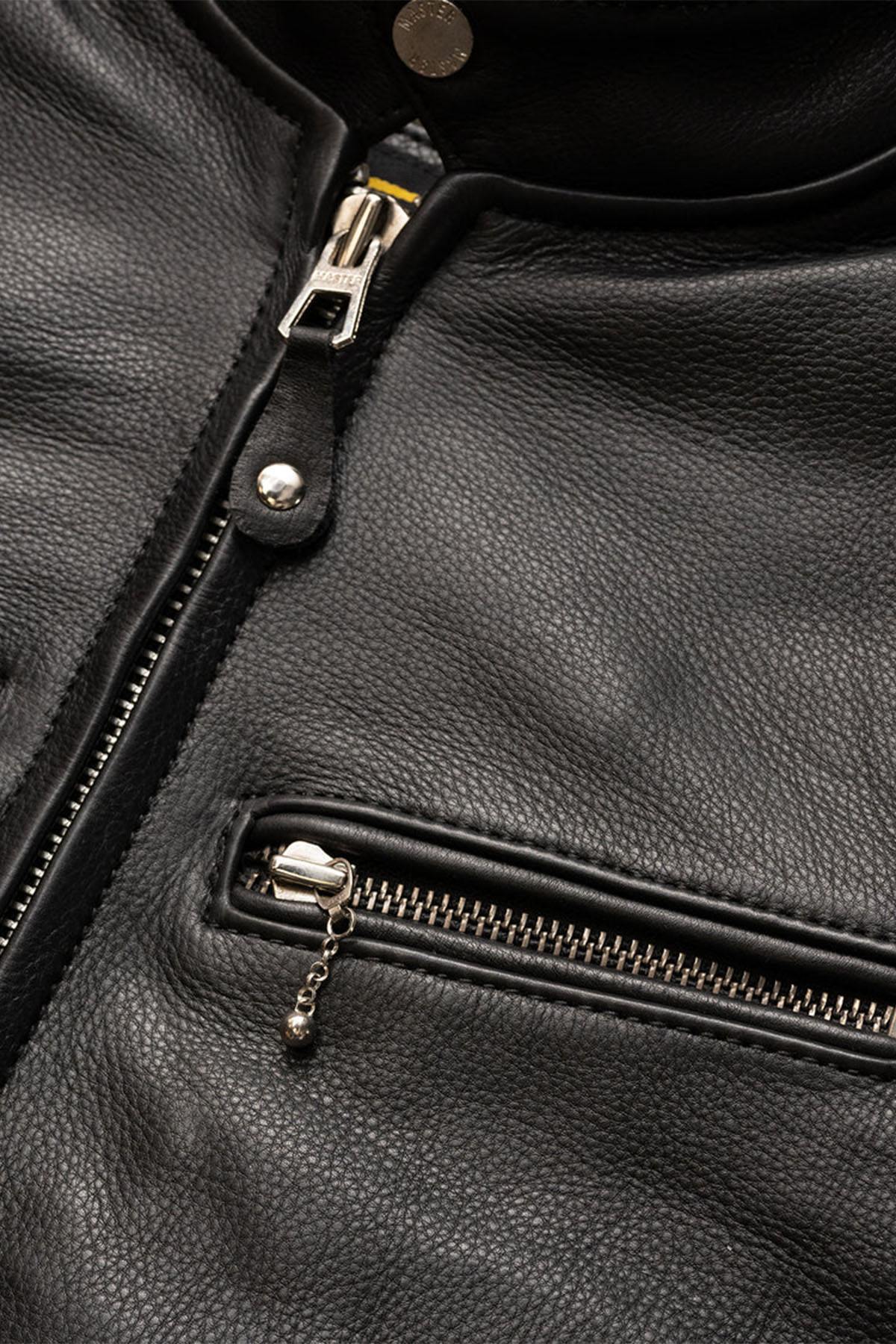 Thick black leather jacket with biker collar - Image n°4