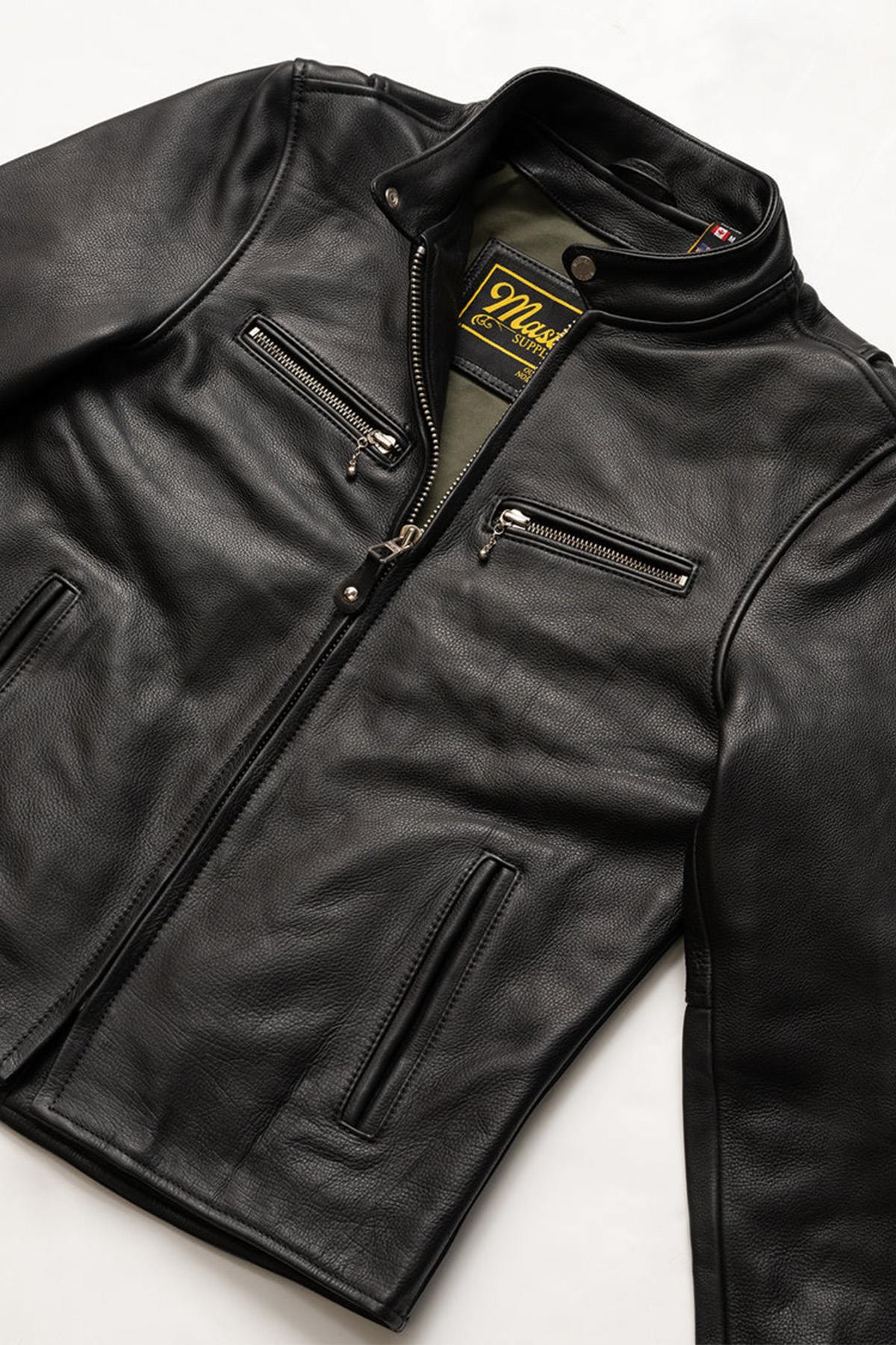 Thick black leather jacket with biker collar - Image n°3