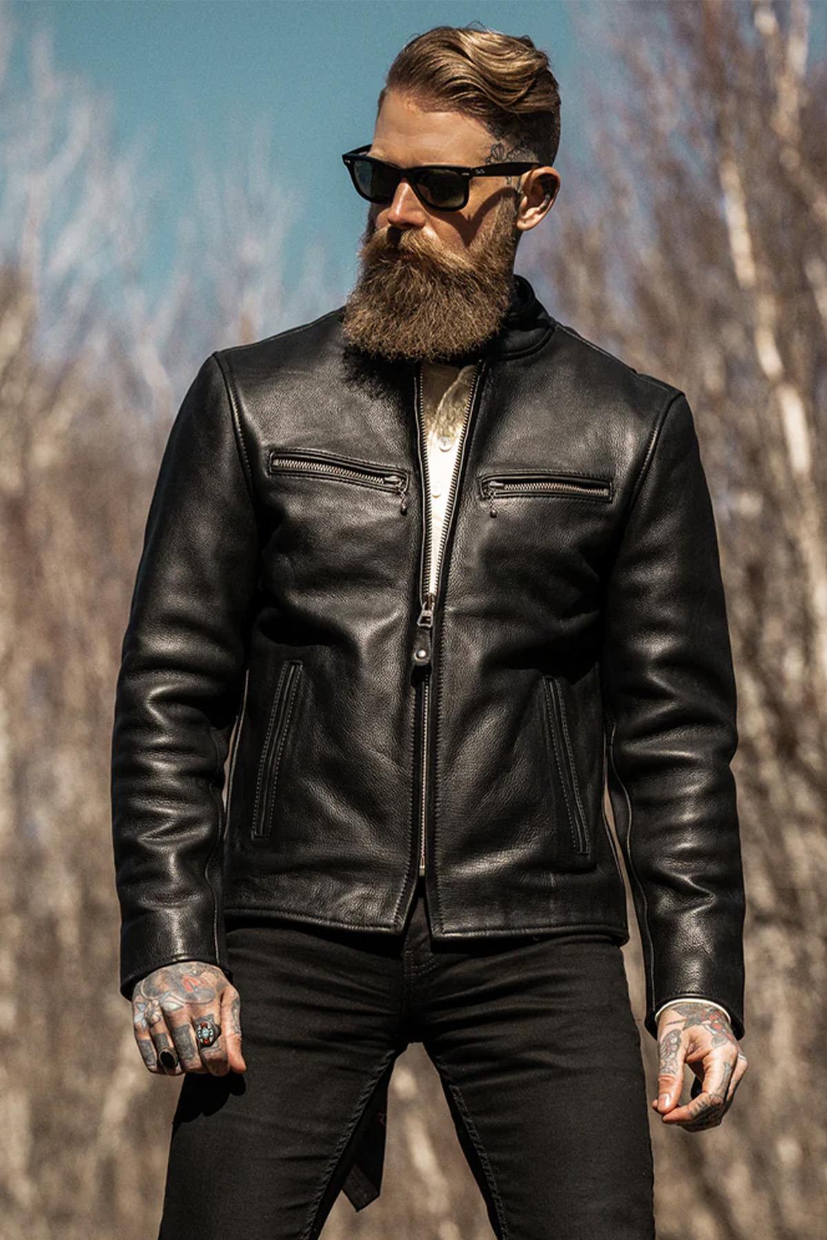 Thick black leather jacket with biker collar - Image n°8