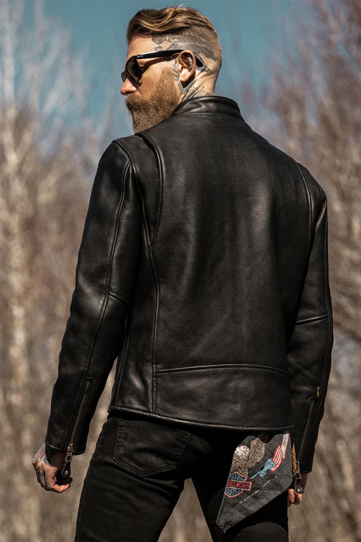 Thick black leather jacket with biker collar - Image n°9