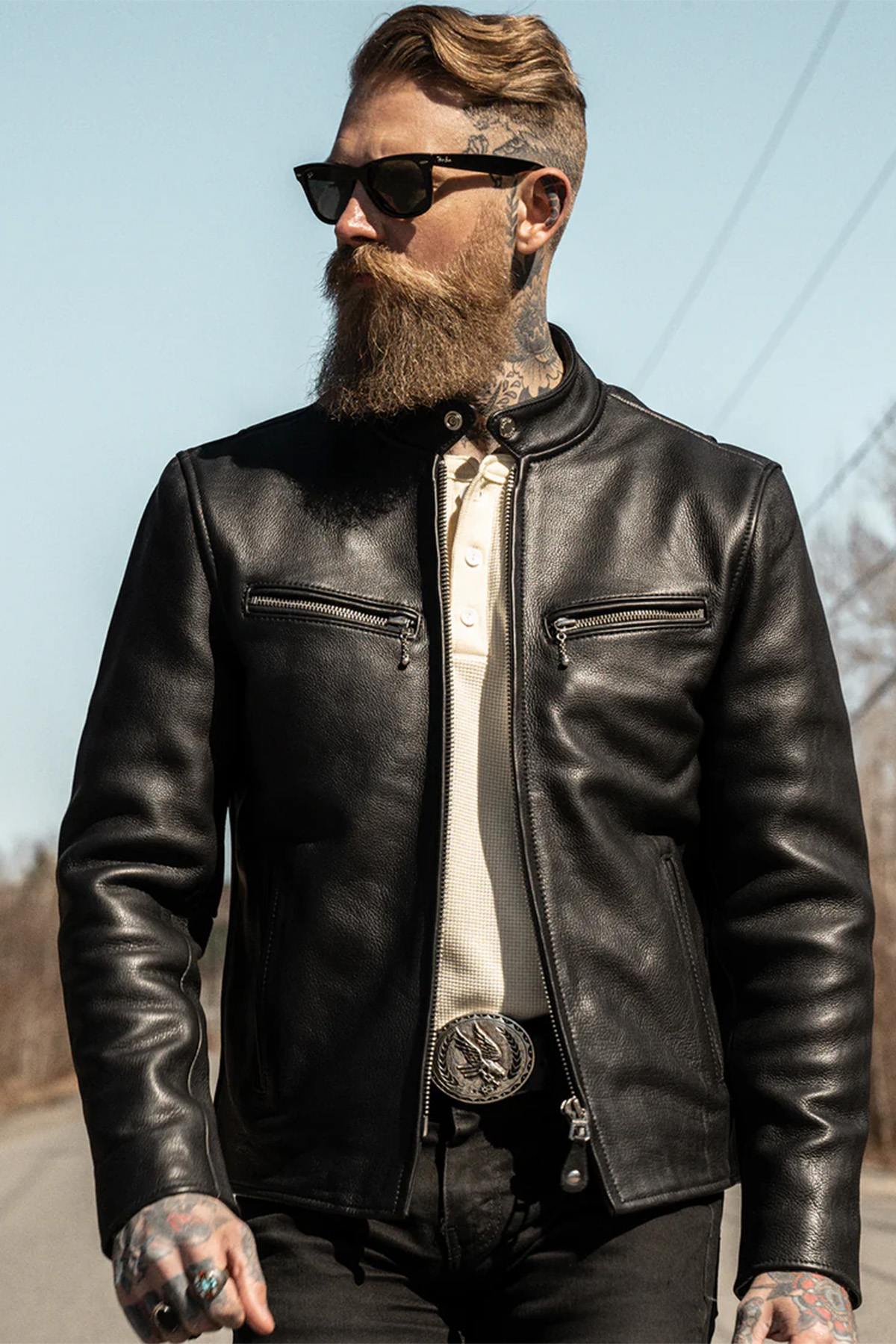 Thick black leather jacket with biker collar - Image n°1