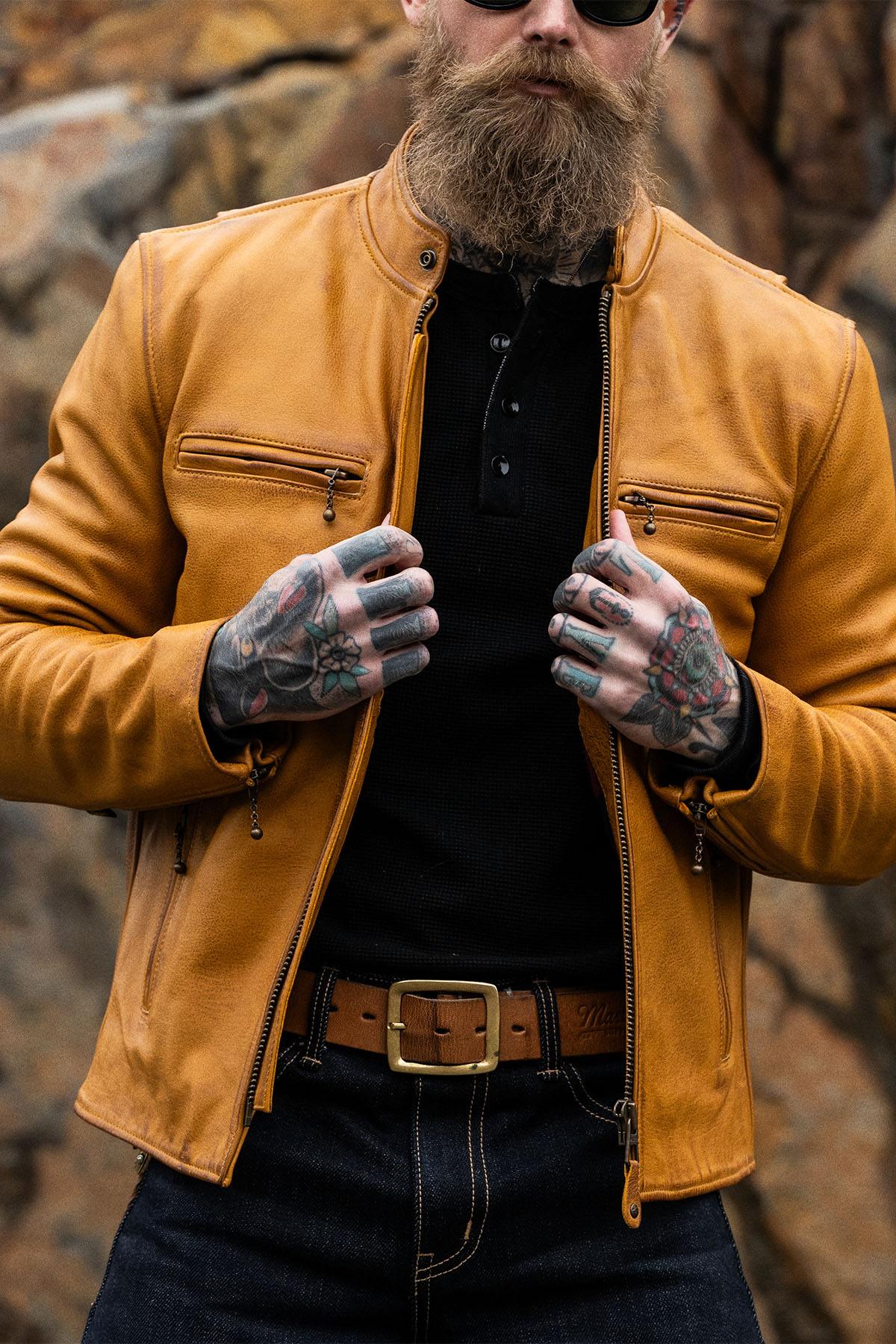 Golden yellow leather biker collar jacket - Image n°1