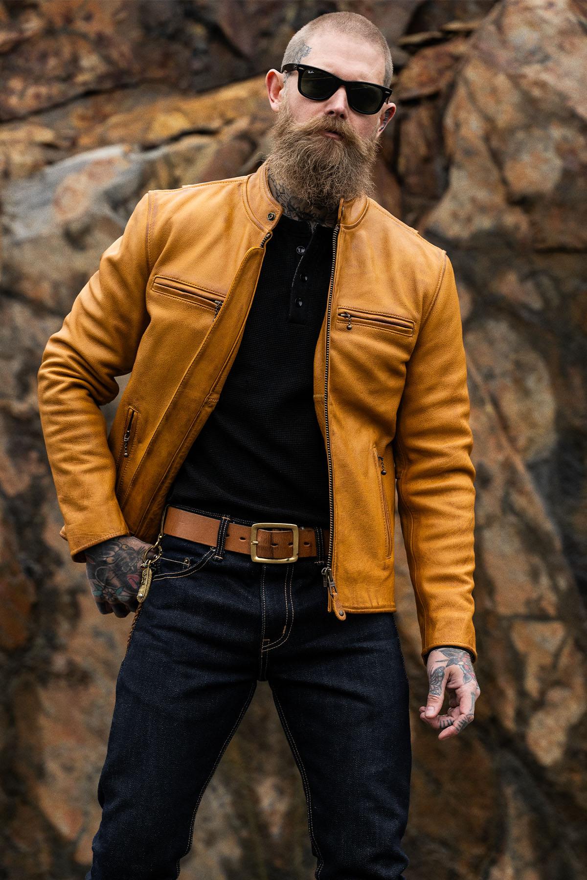 Golden yellow leather biker collar jacket - Image n°7