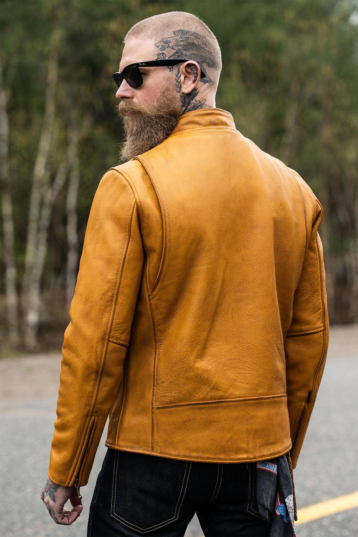 Golden yellow leather biker collar jacket - Image n°3