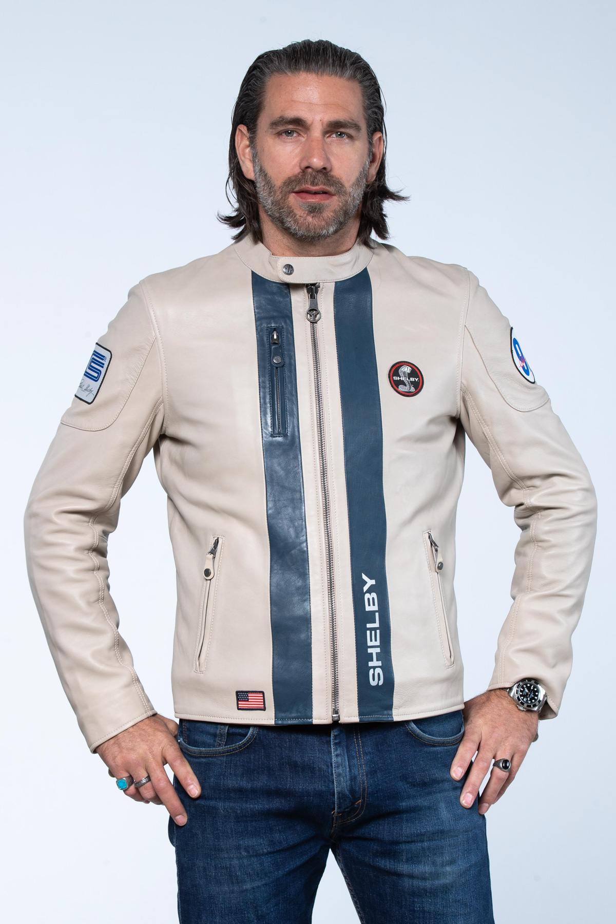 Ecru colored racing leather jacket - Image n°8