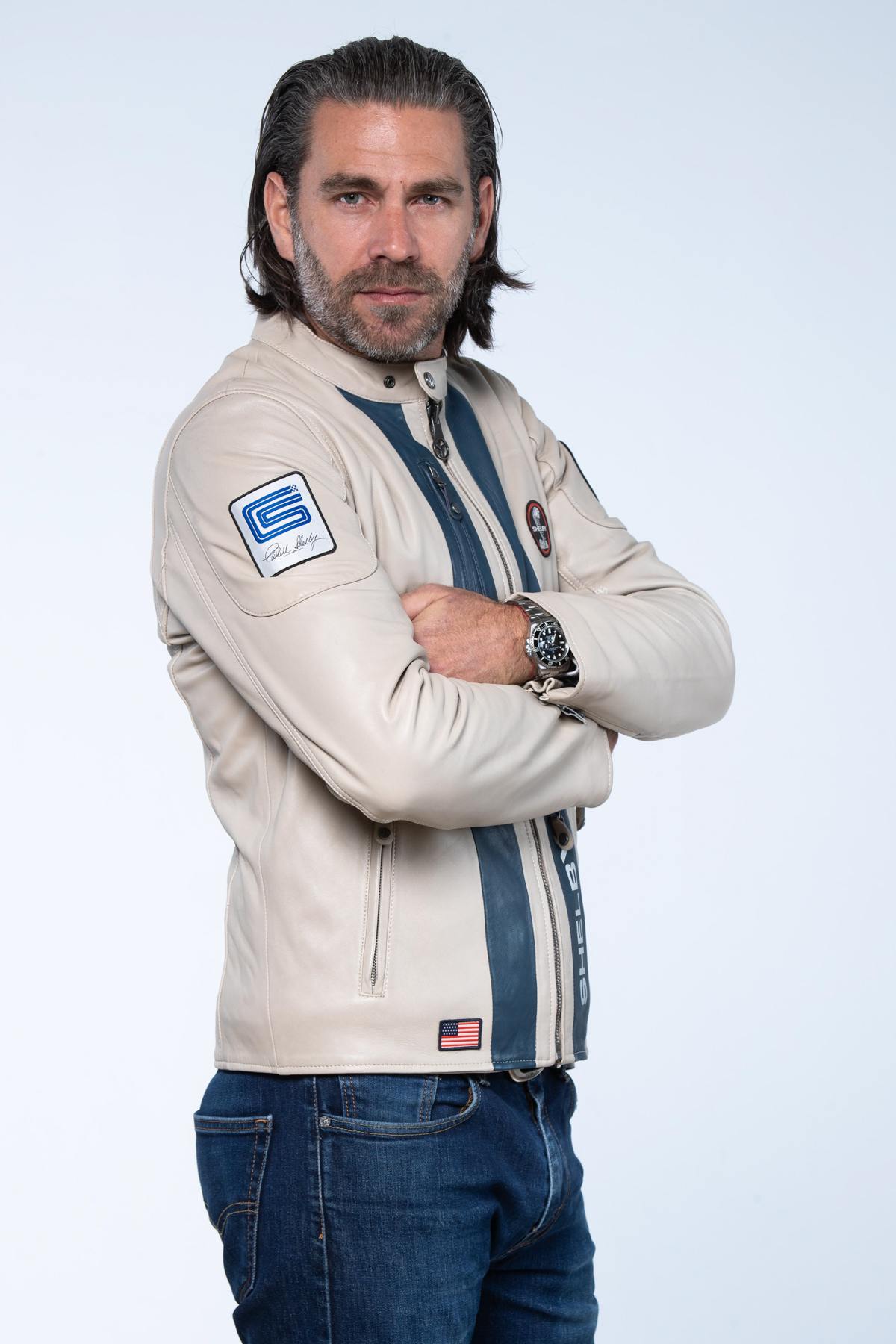 Ecru colored racing leather jacket - Image n°3