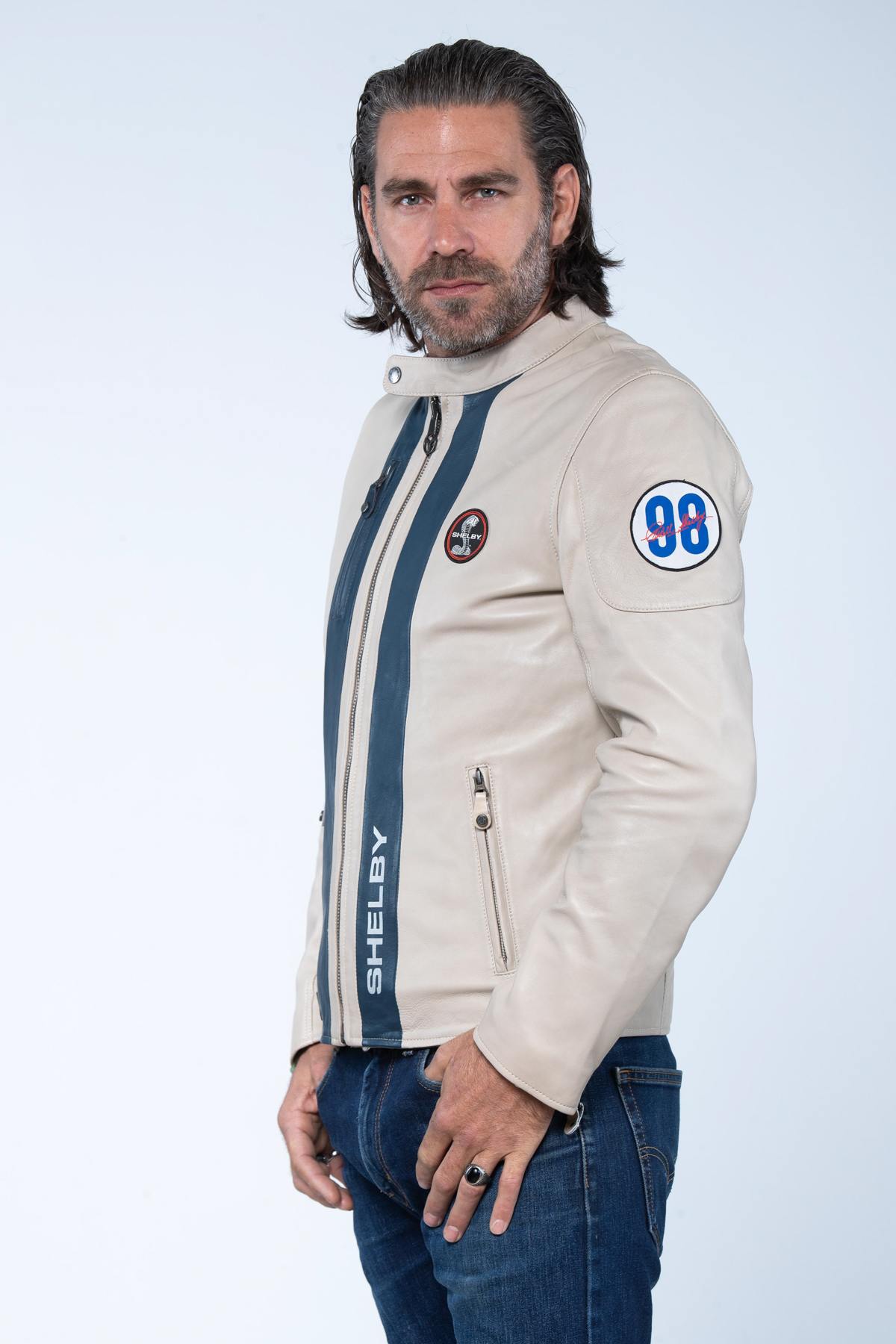 Ecru colored racing leather jacket - Image n°5