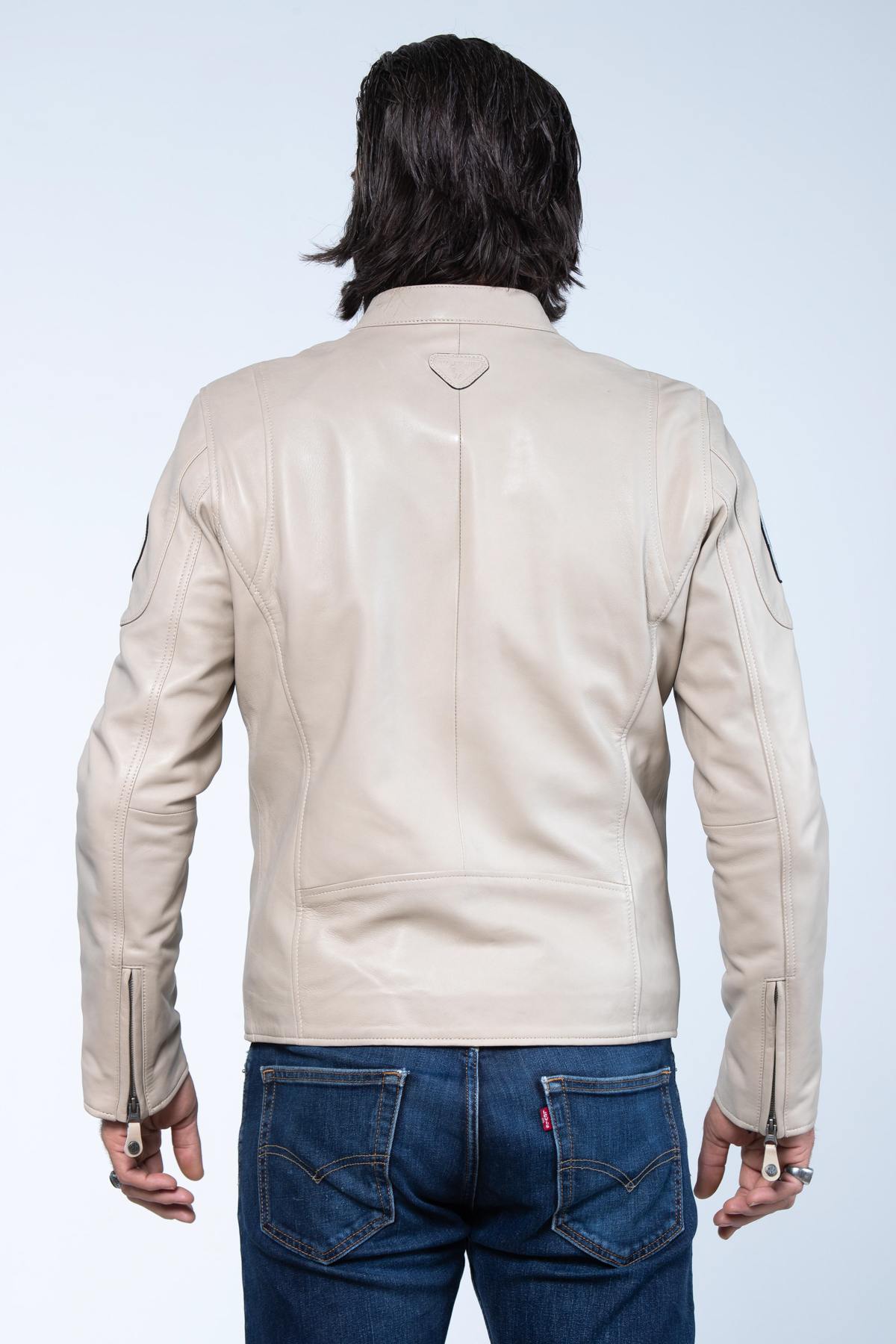 Ecru colored racing leather jacket - Image n°7