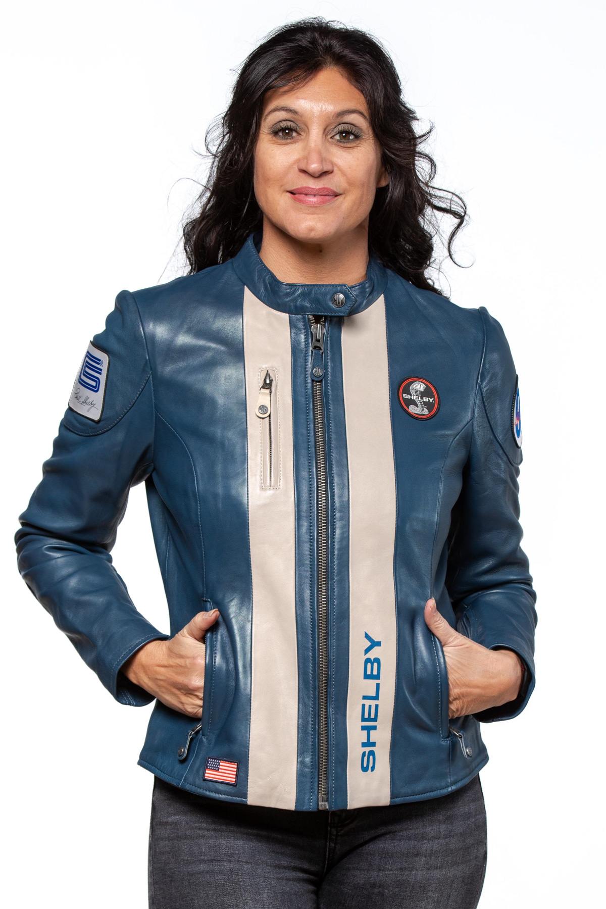 Women's royal blue racing leather jacket - Image n°4