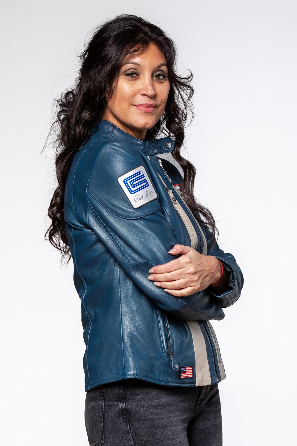 Women's royal blue racing leather jacket - Image n°2