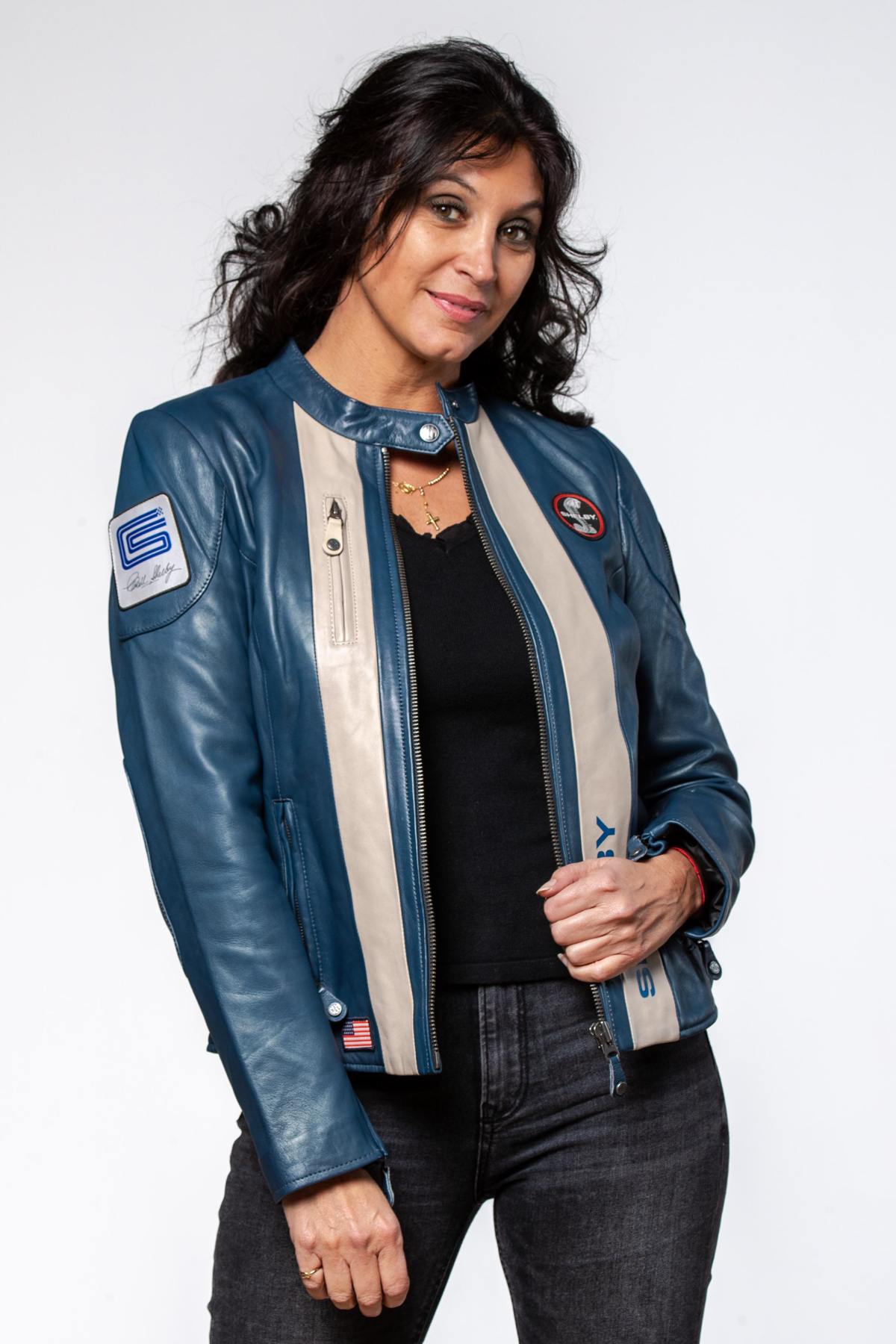 Women's royal blue racing leather jacket - Image n°1